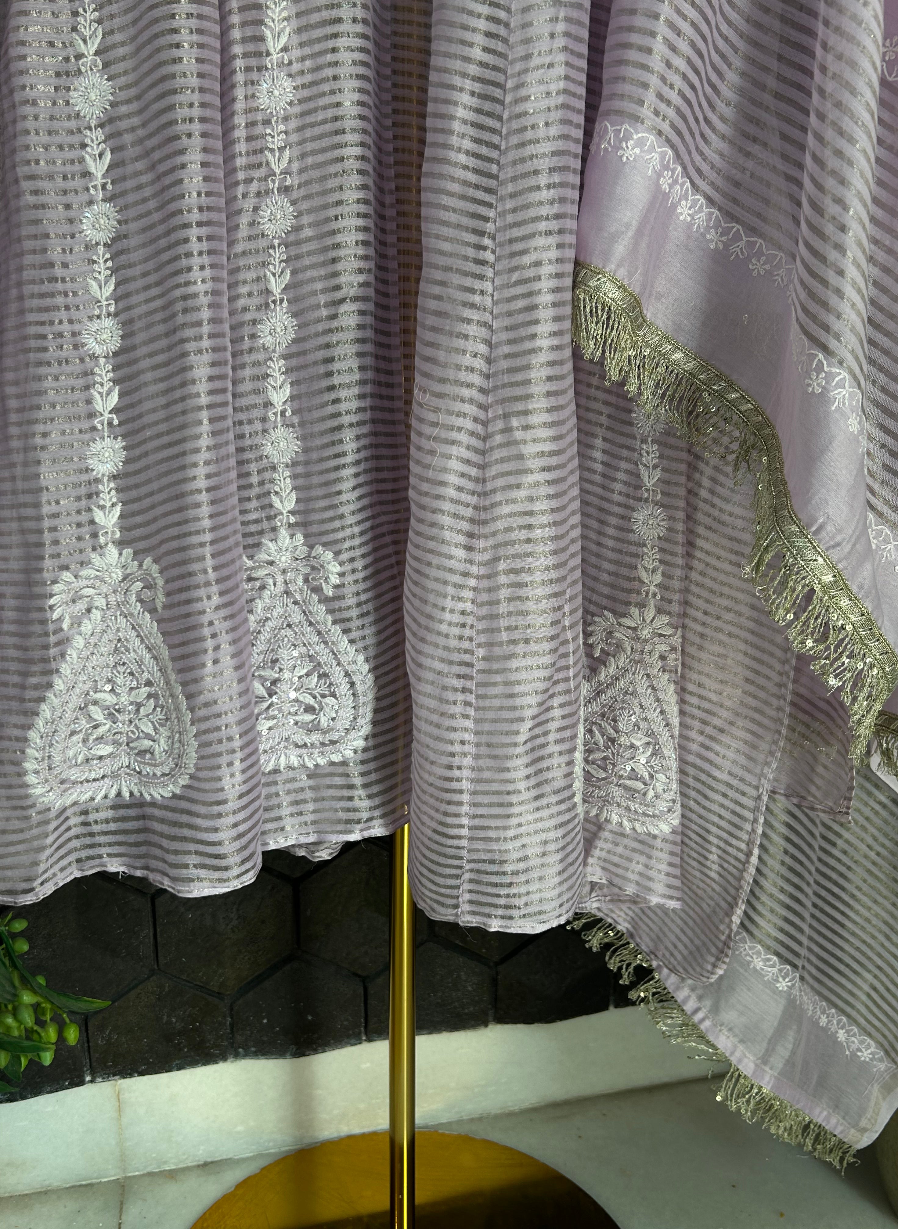 Lilac Stripe tissue Chikankari Anarkali Set