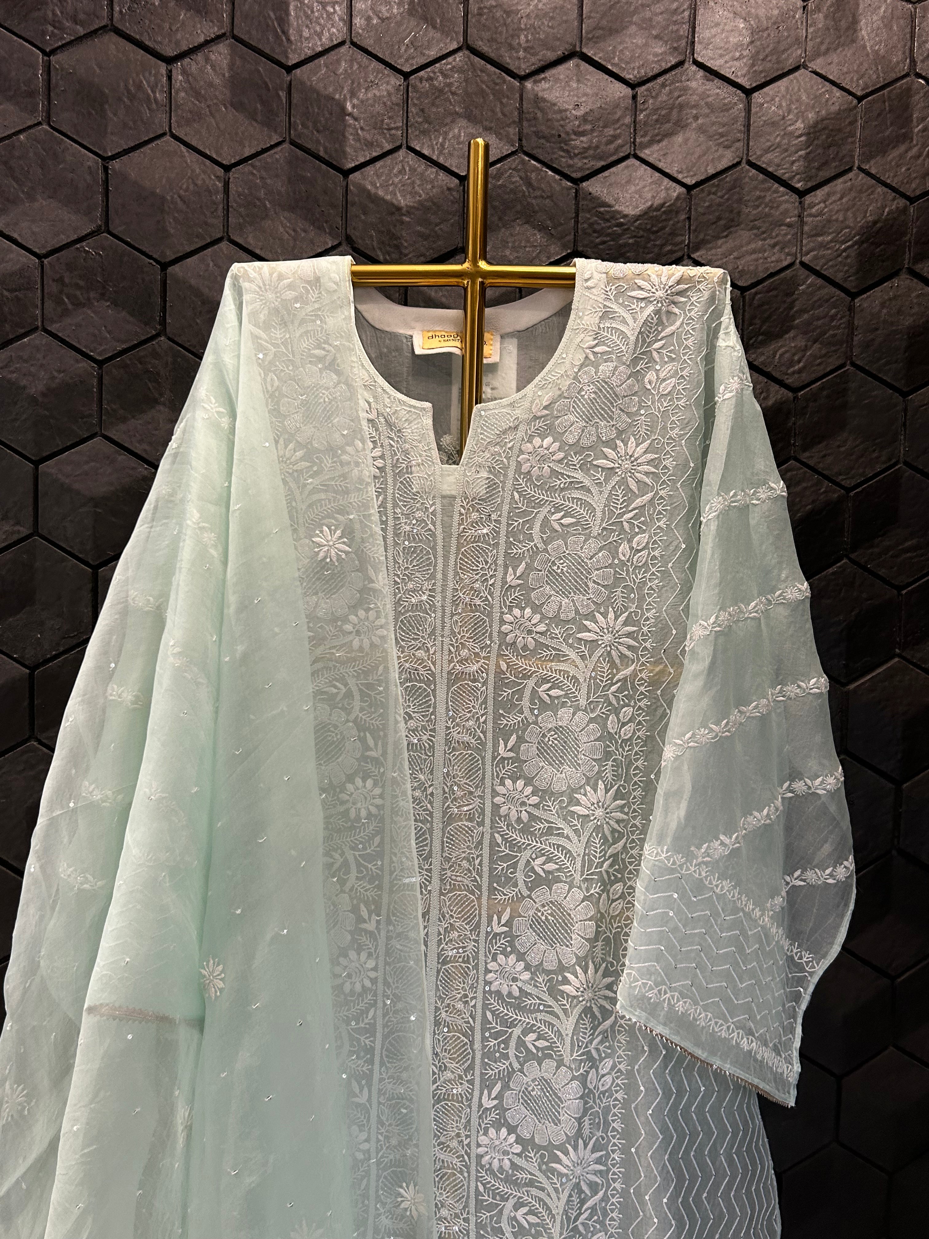 Sea Green Organza Chikankari Kurta Set
