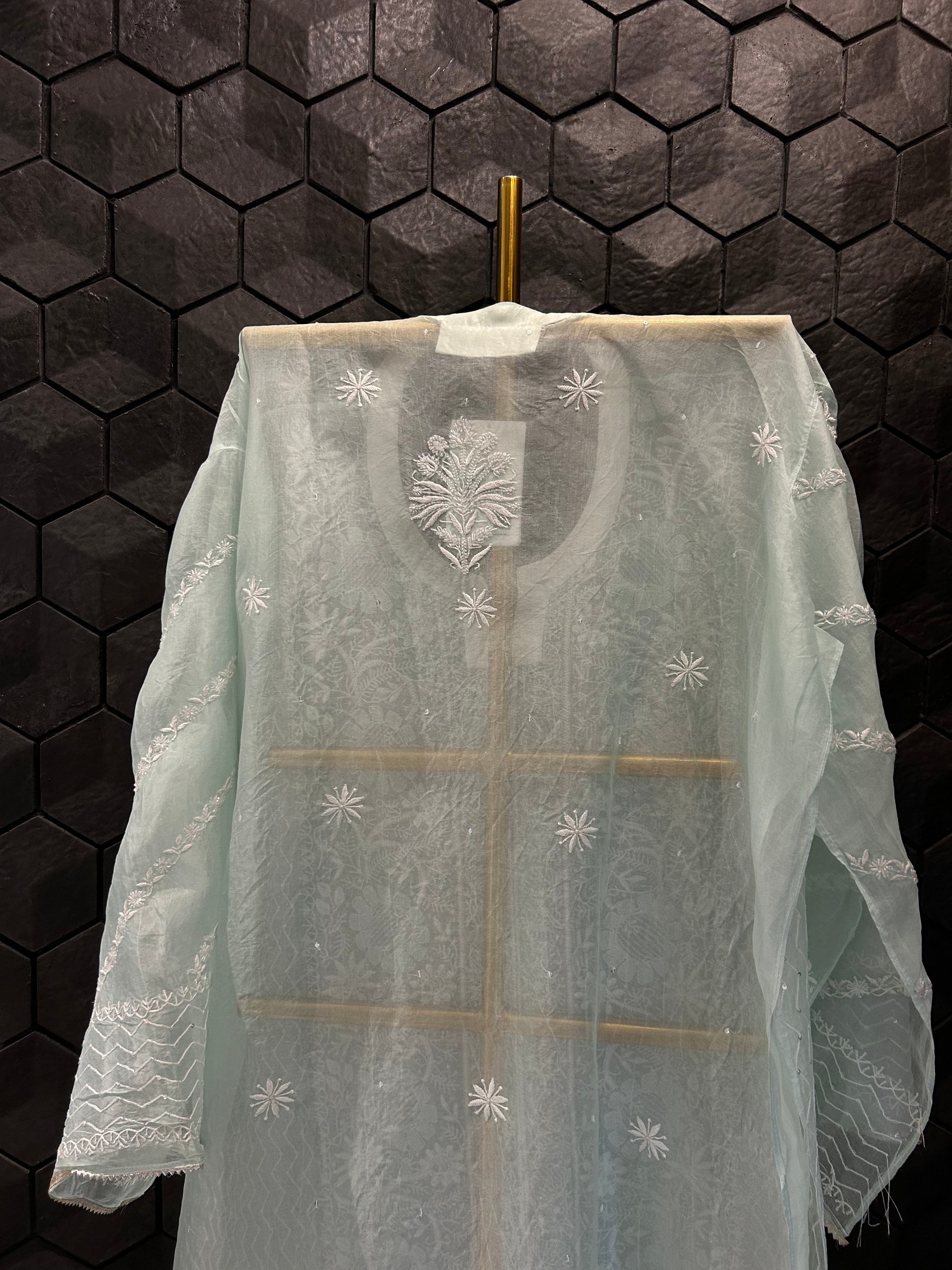 Sea Green Organza Chikankari Kurta Set