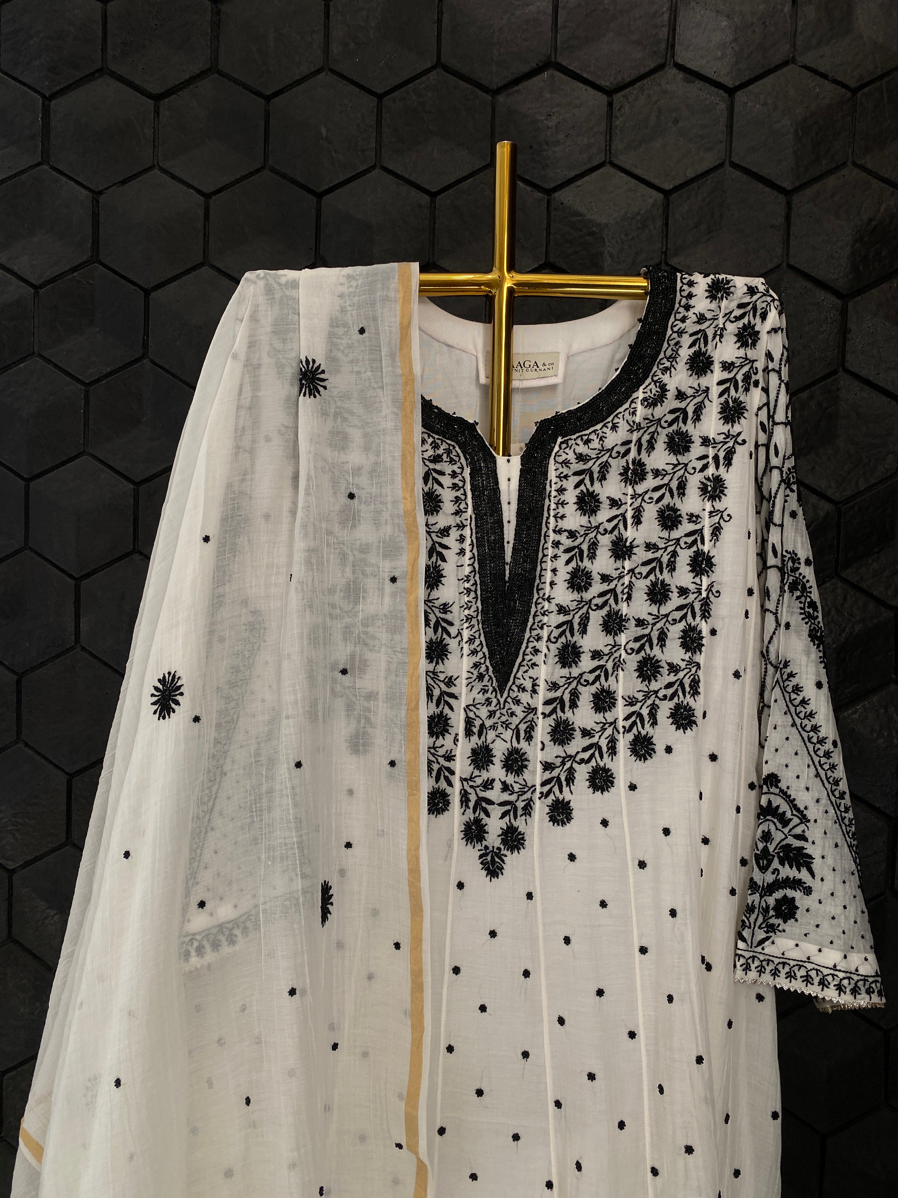 White & Black Mul Chanderi Anarkali Set