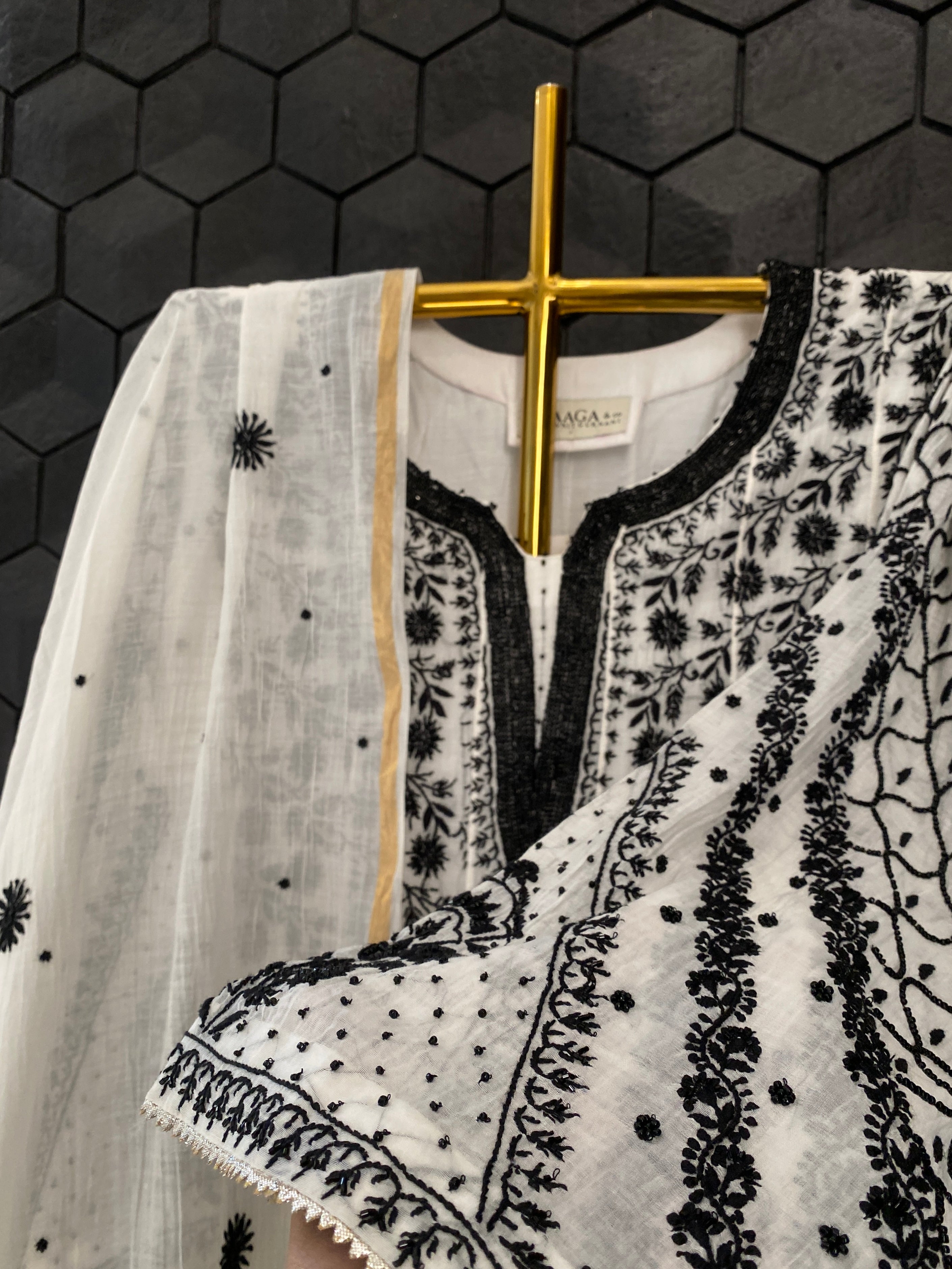White & Black Mul Chanderi Anarkali Set