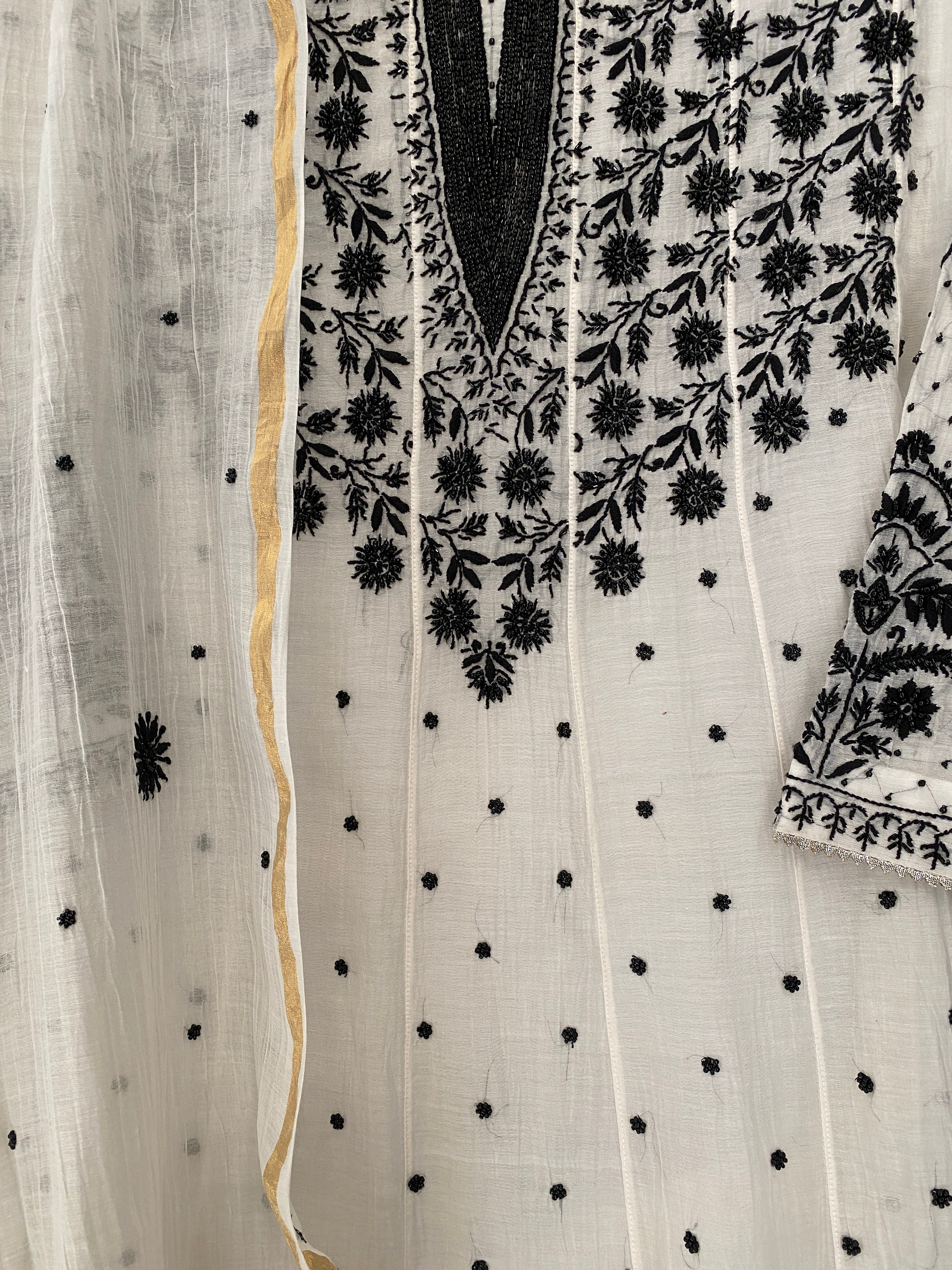 White & Black Mul Chanderi Anarkali Set
