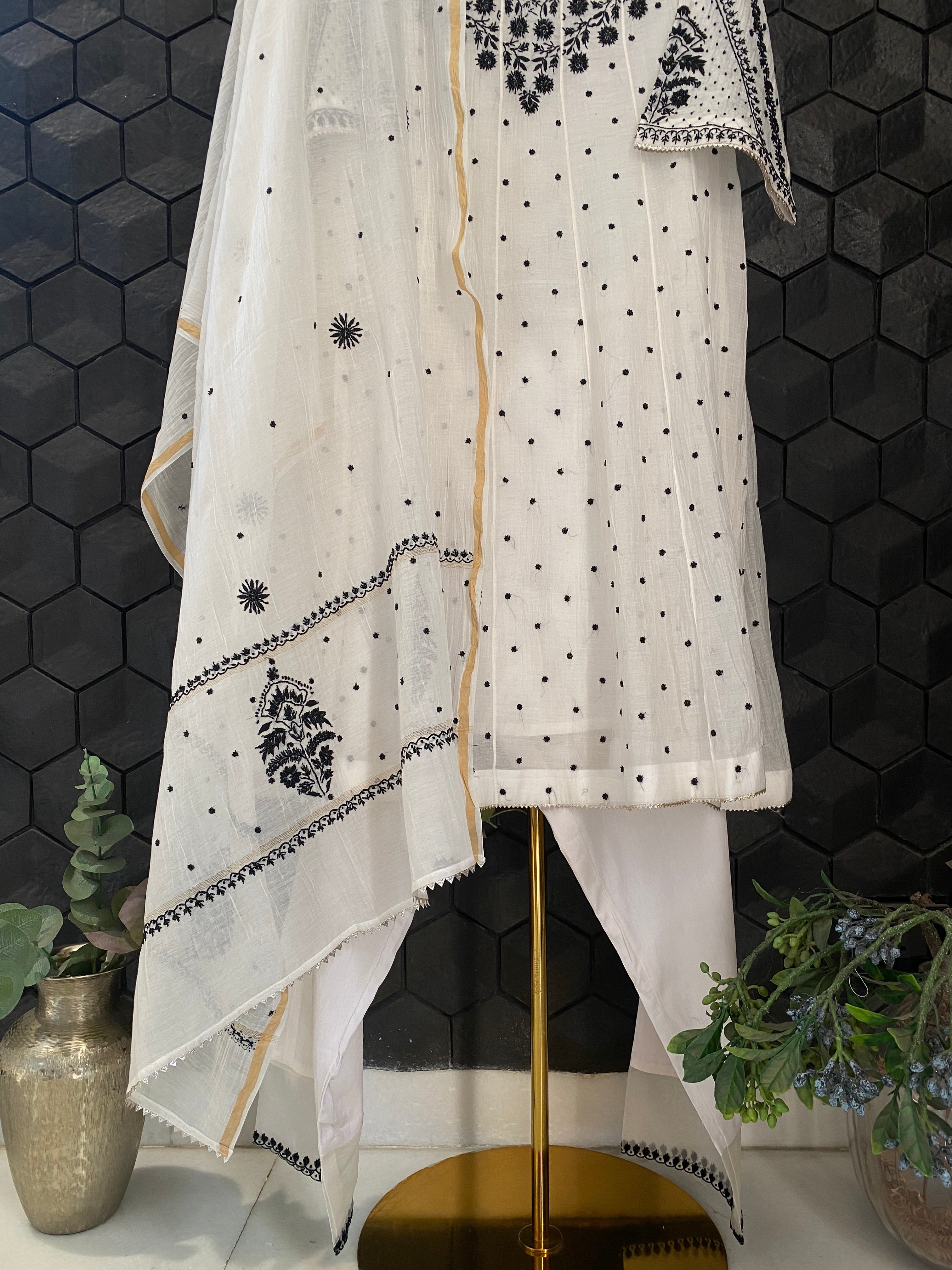 White & Black Mul Chanderi Anarkali Set
