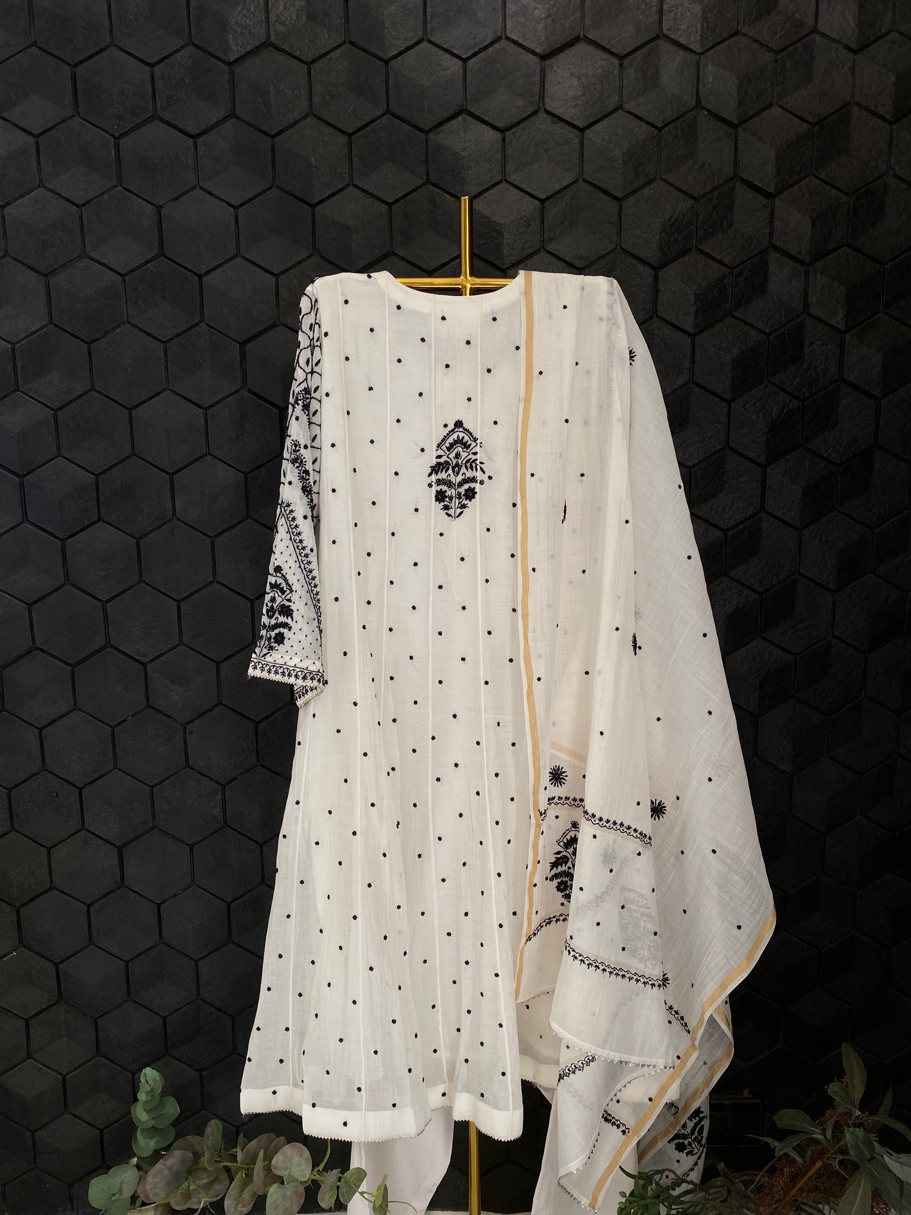 White & Black Mul Chanderi Anarkali Set