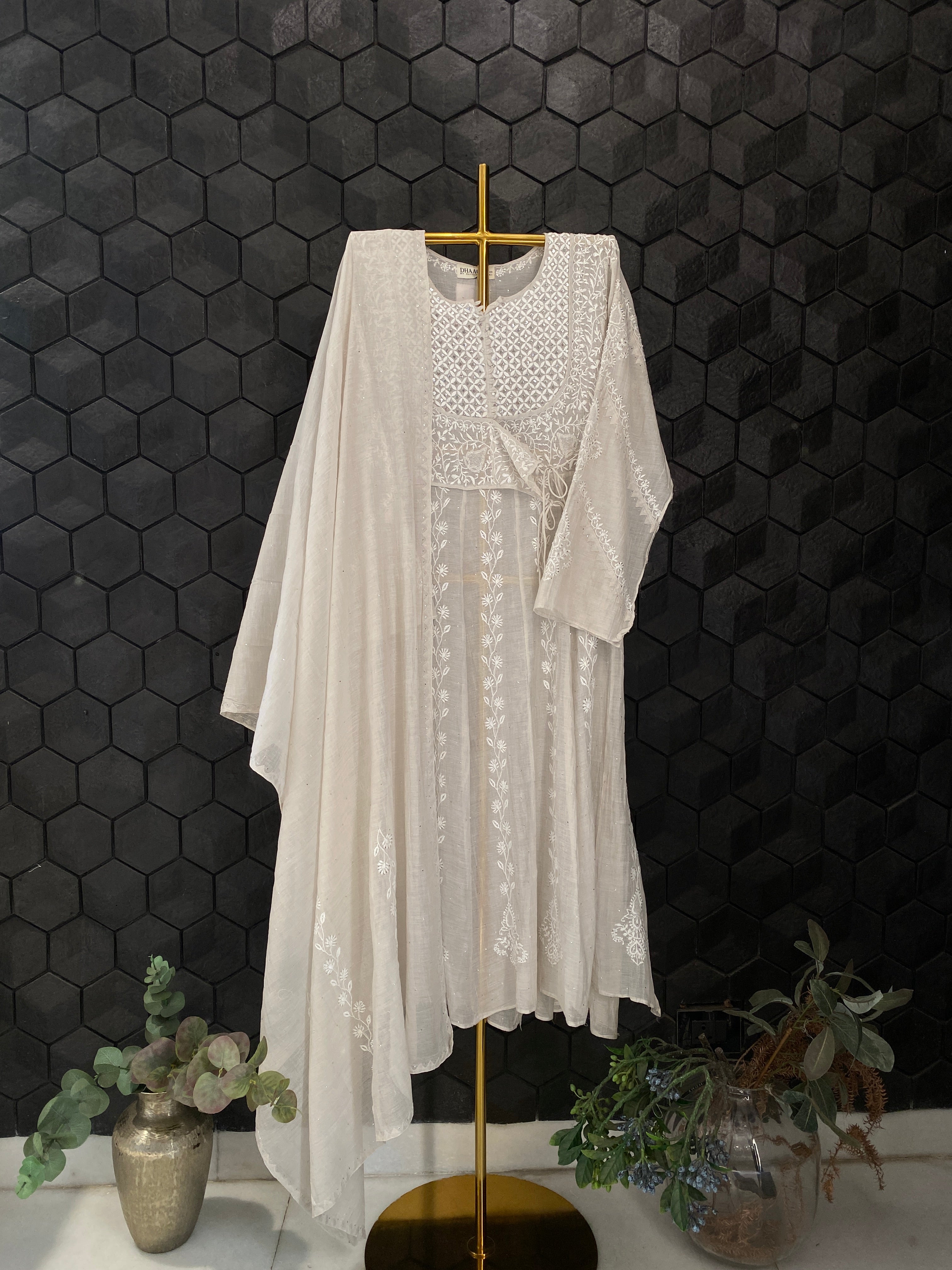 Silver Tissue Angarkha Chikankari Kurta Set