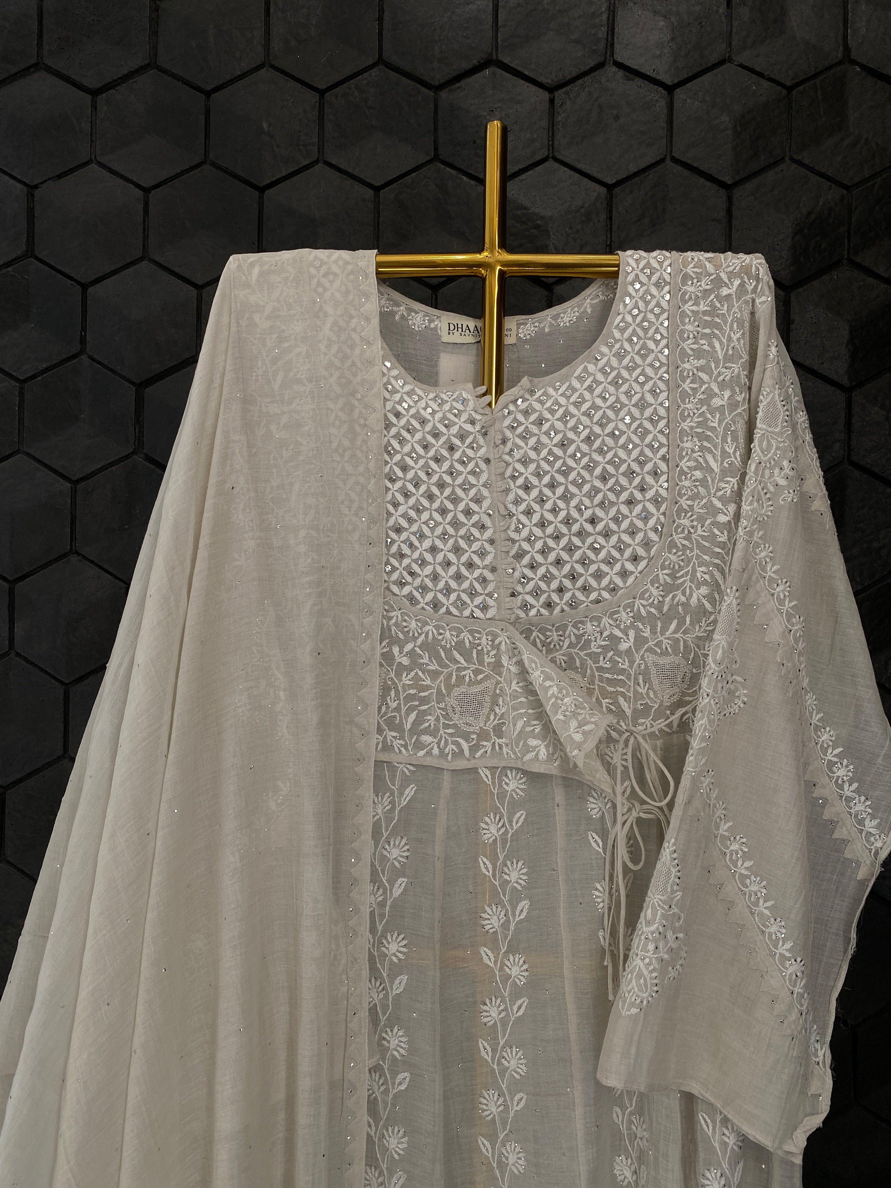Silver Tissue Angarkha Chikankari Kurta Set