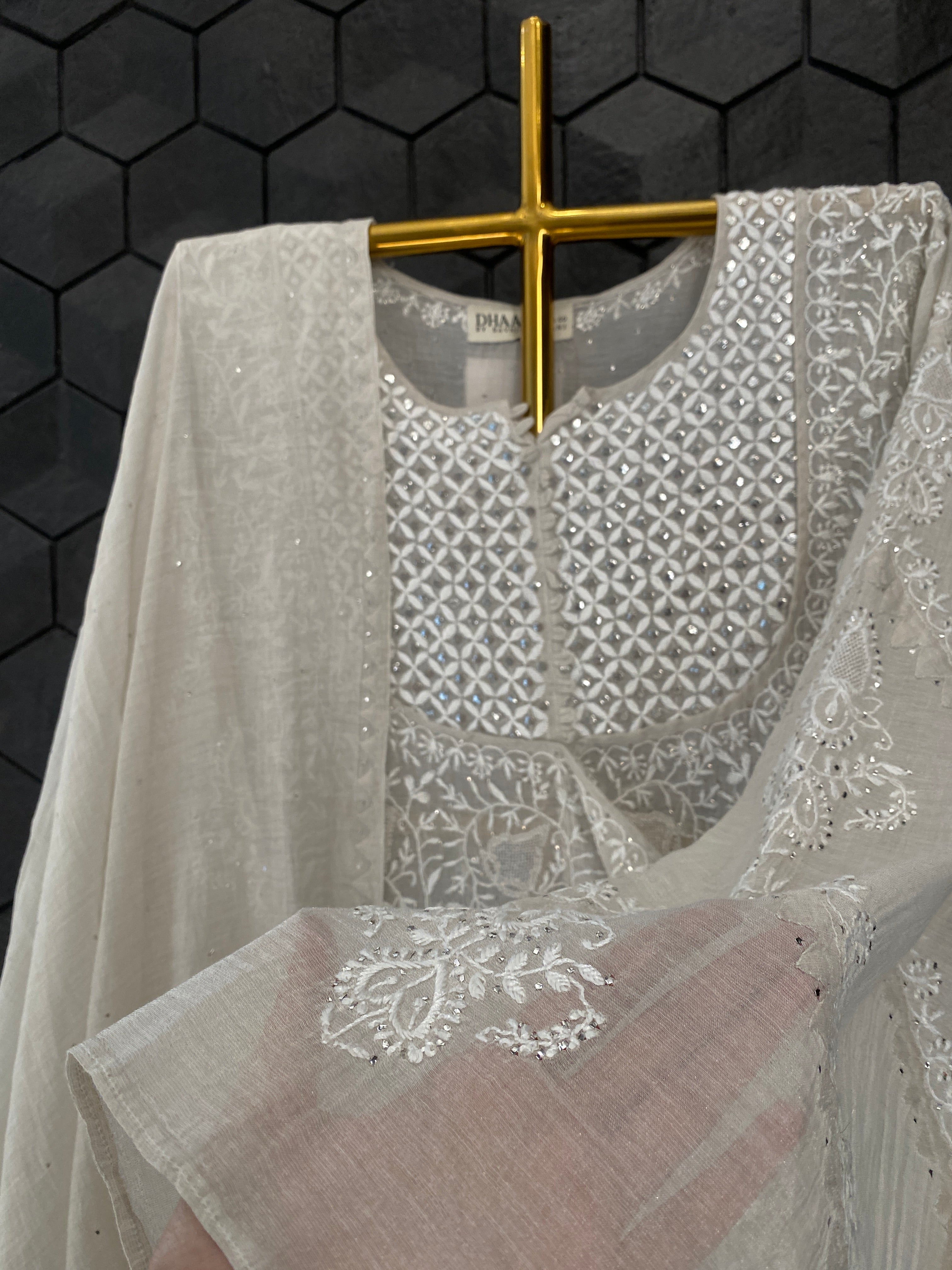 Silver Tissue Angarkha Chikankari Kurta Set