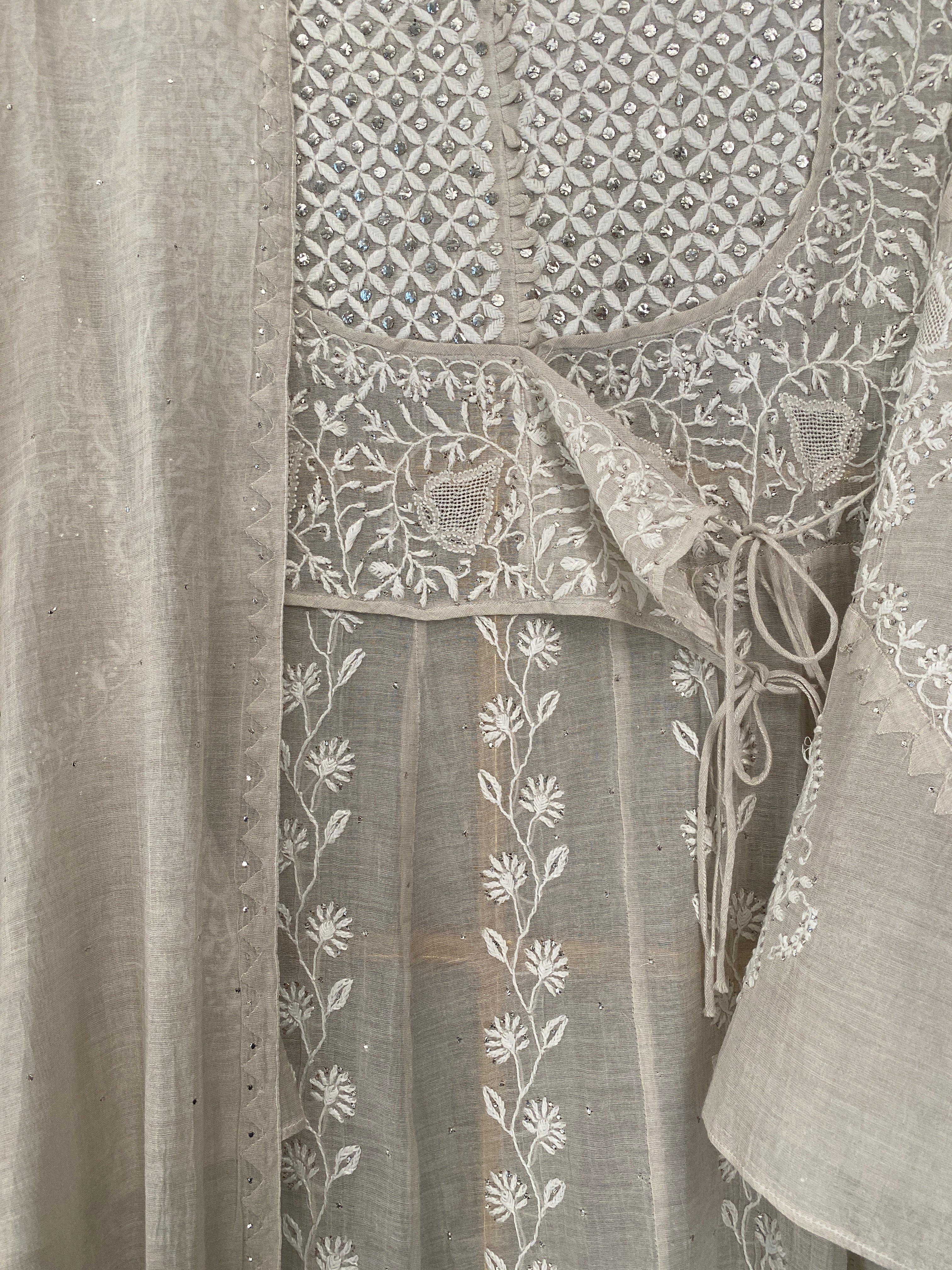 Silver Tissue Angarkha Chikankari Kurta Set