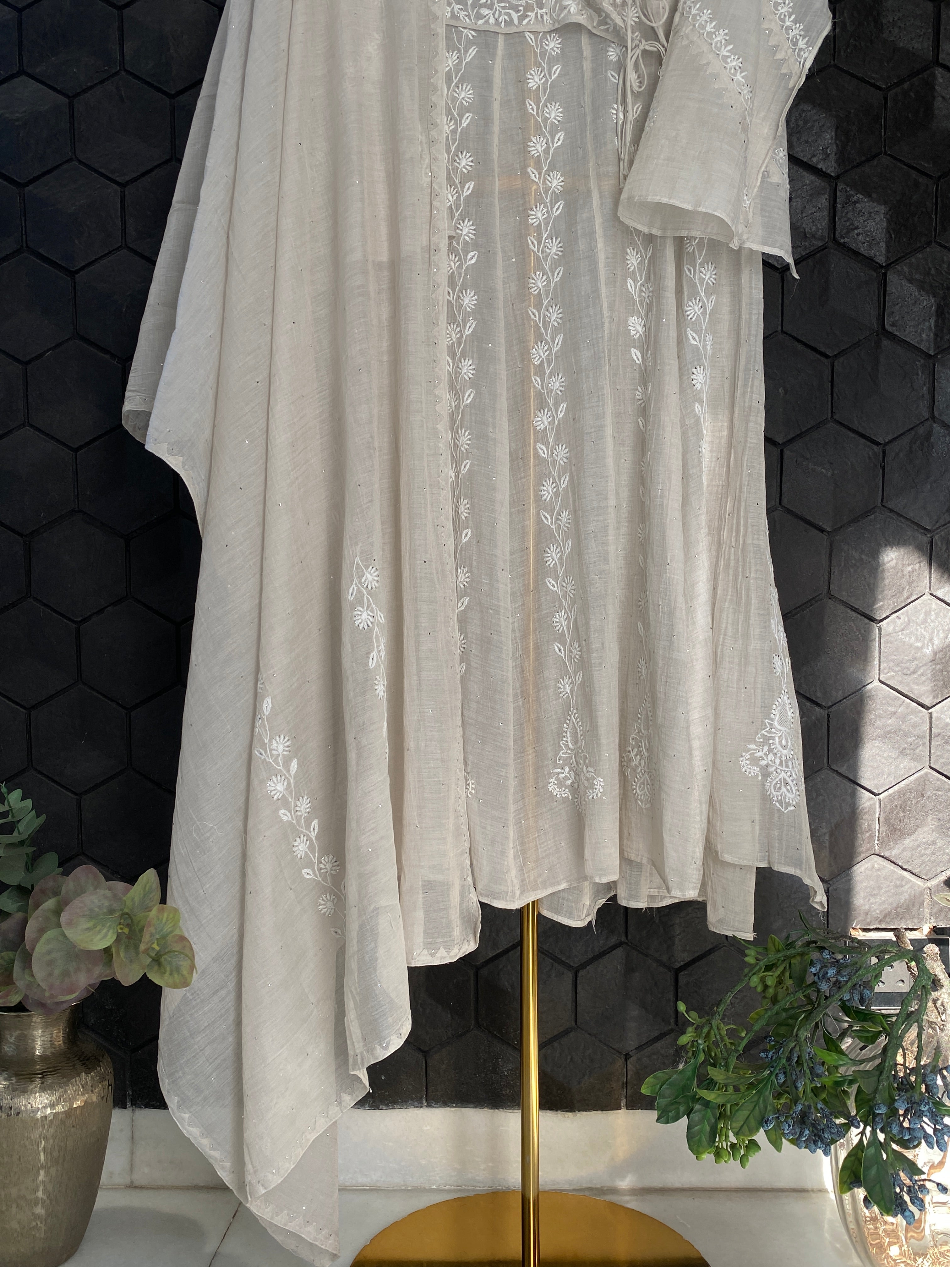 Silver Tissue Angarkha Chikankari Kurta Set