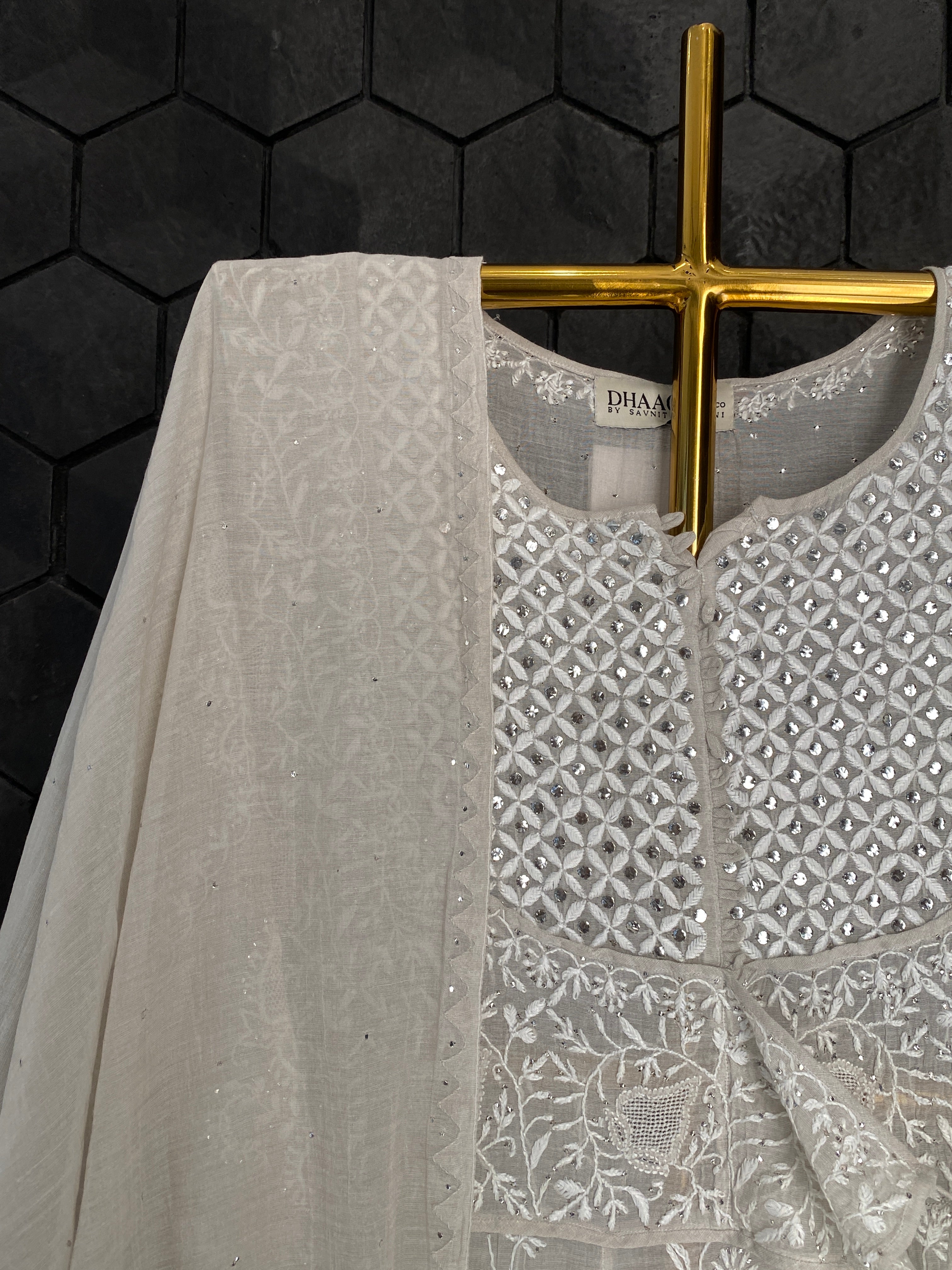 Silver Tissue Angarkha Chikankari Kurta Set