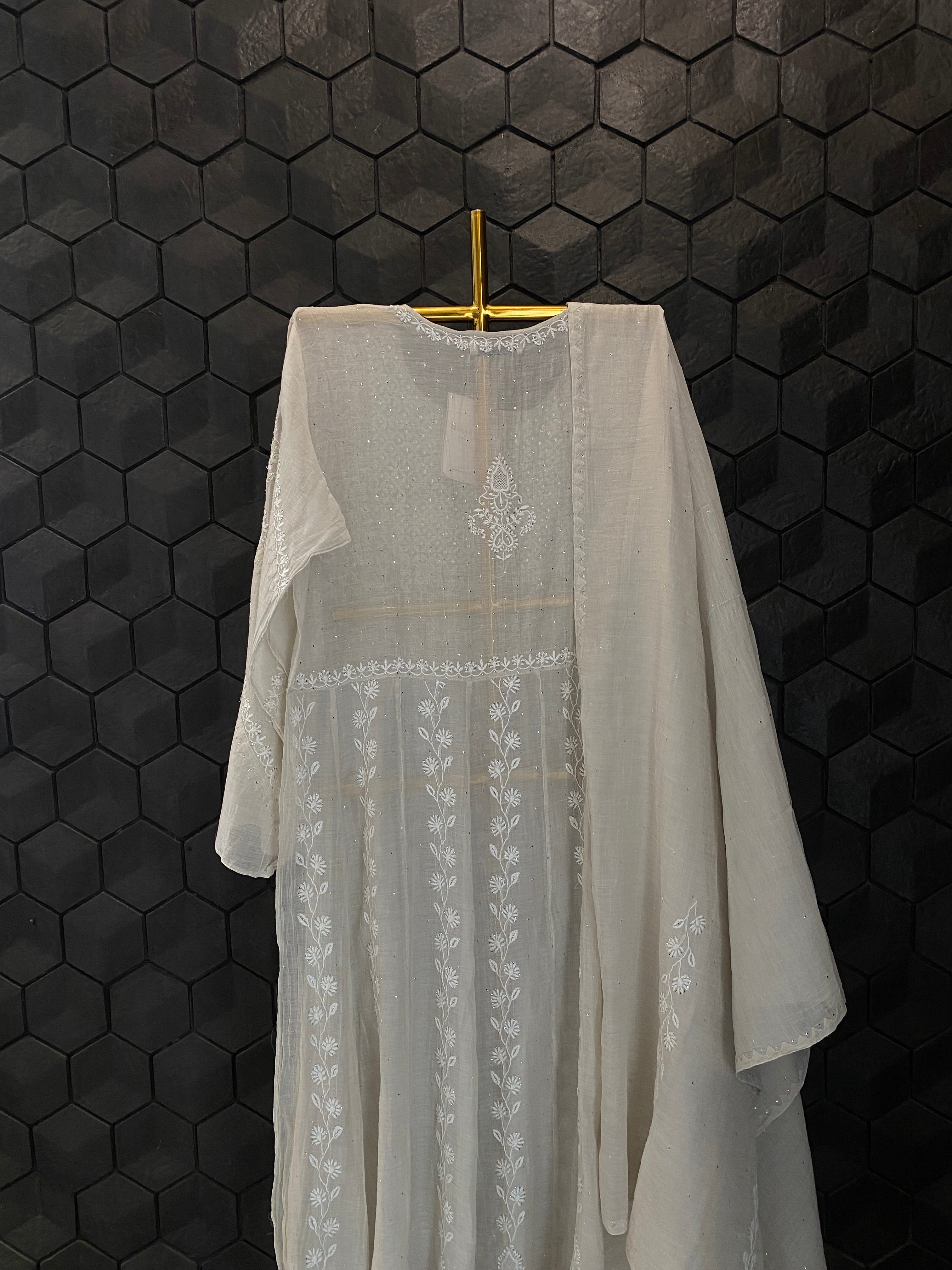 Silver Tissue Angarkha Chikankari Kurta Set