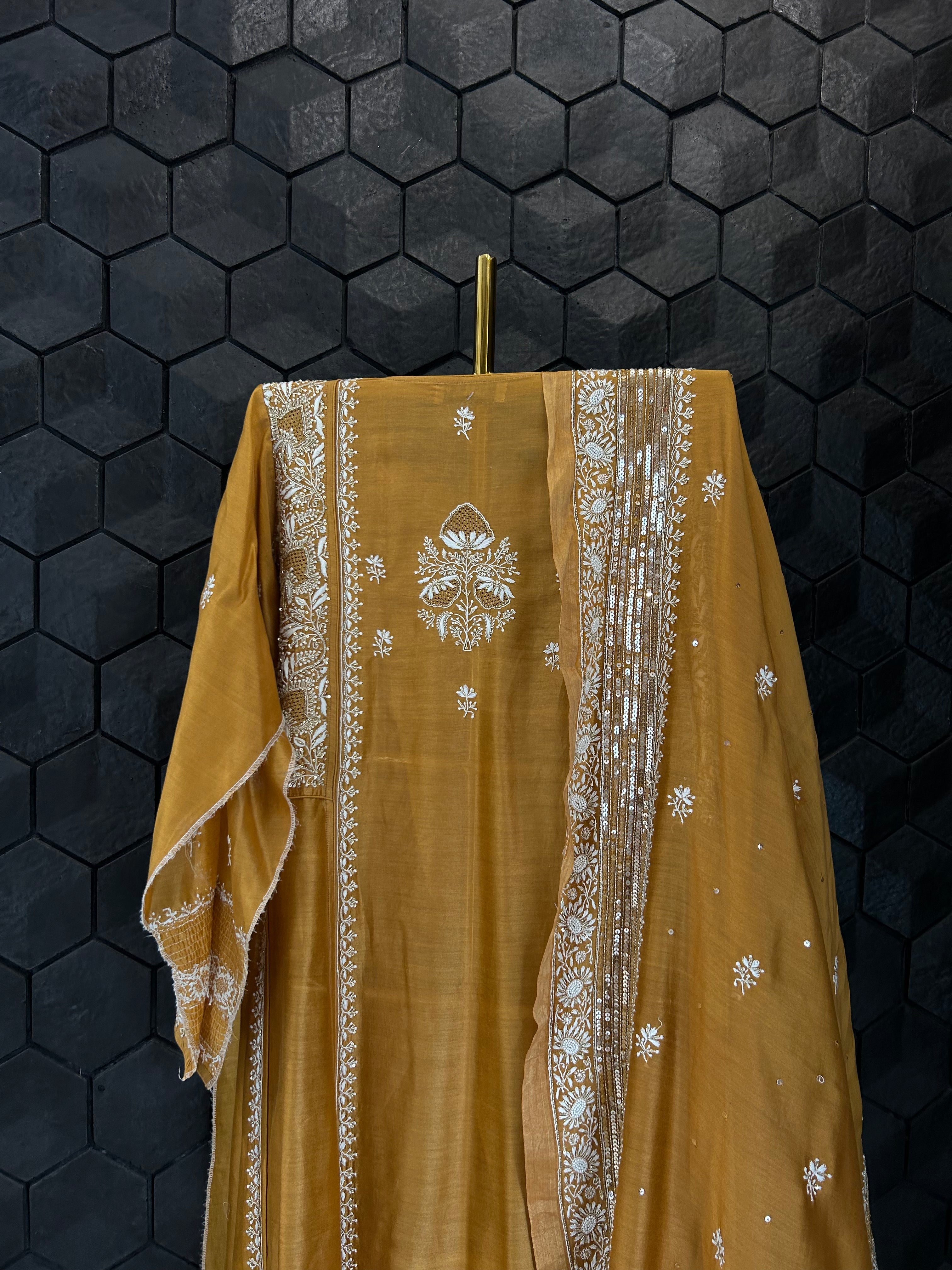 Mustard Chanderi Chikankari Anarkali With Heavy Front And Back Jaali Work