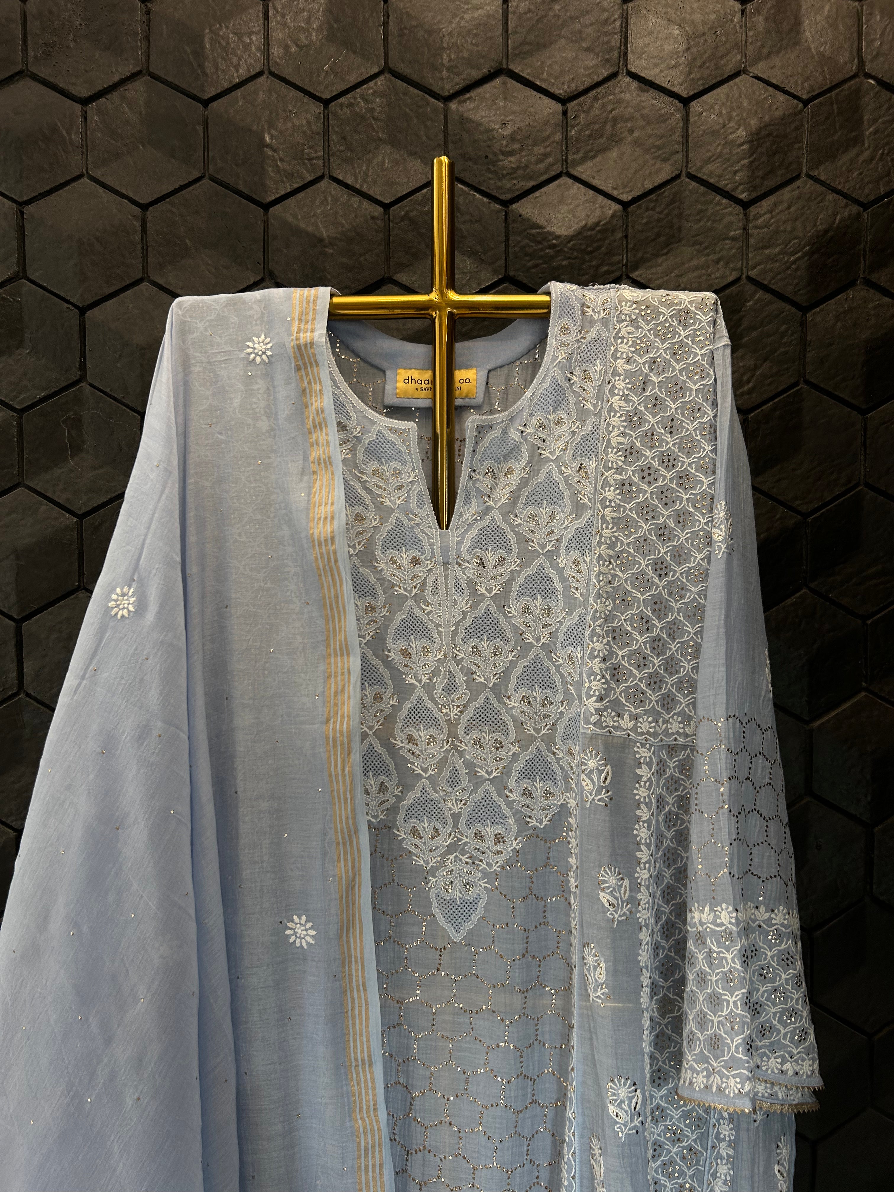 Powder Blue Mul Chanderi Chikankari Mukaish Kurta Set