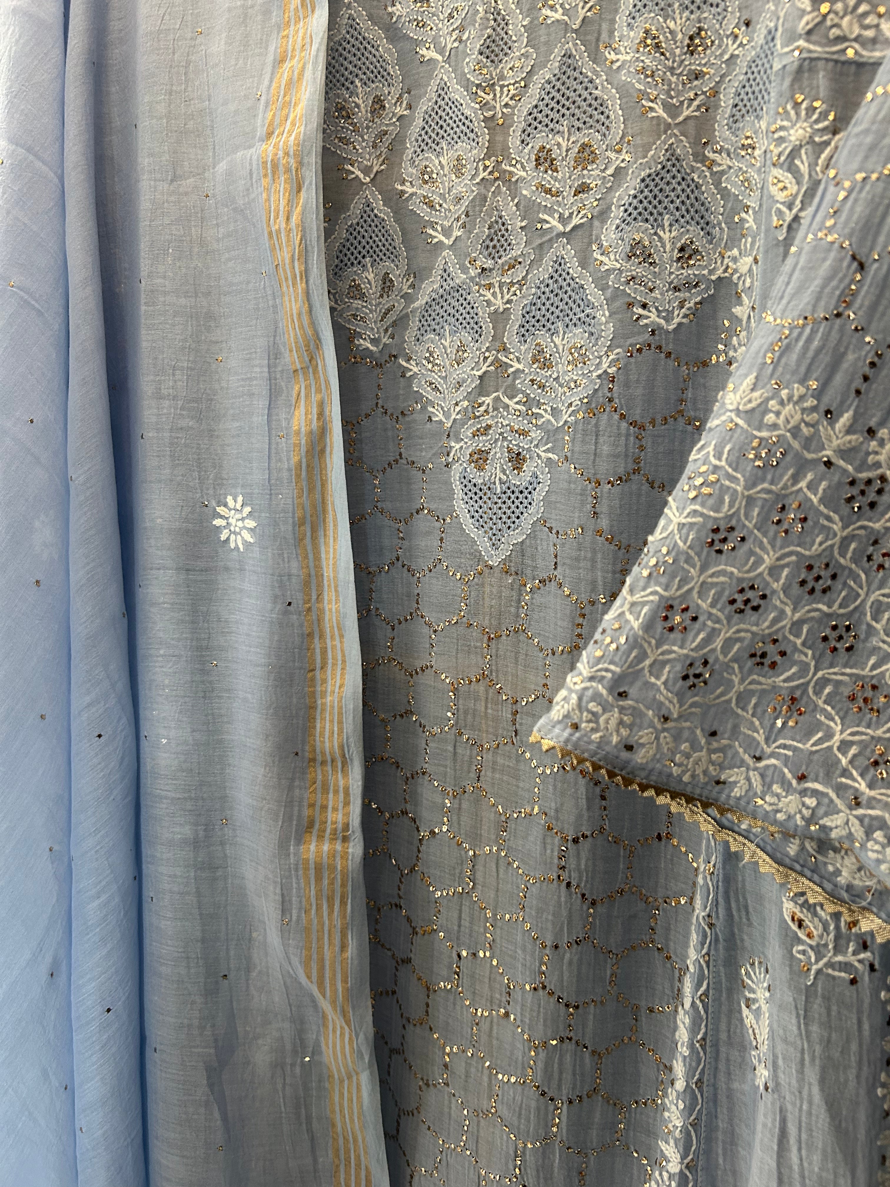 Powder Blue Mul Chanderi Chikankari Mukaish Kurta Set