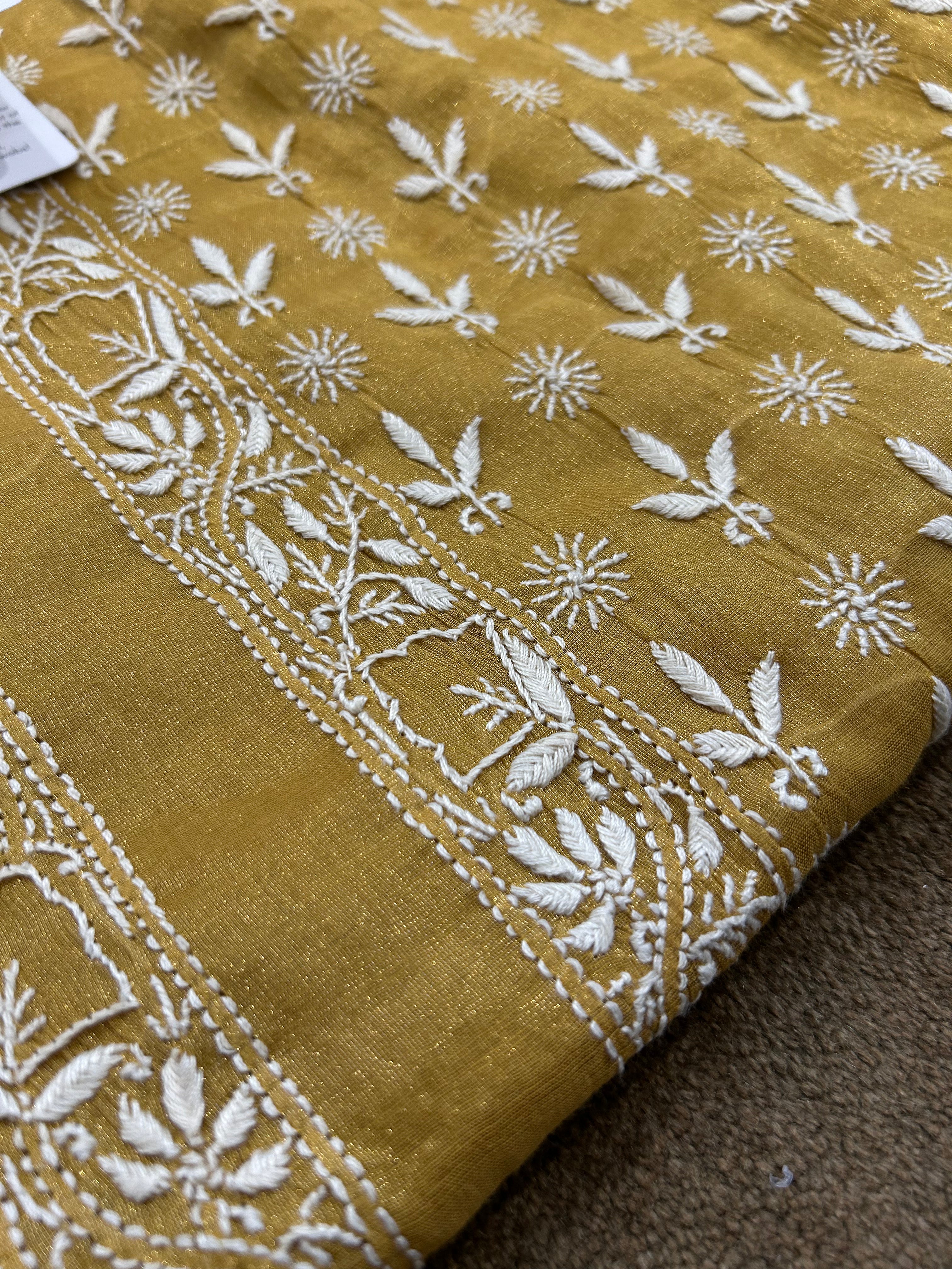 Green Golden Tissue Chikankari Mens kurta