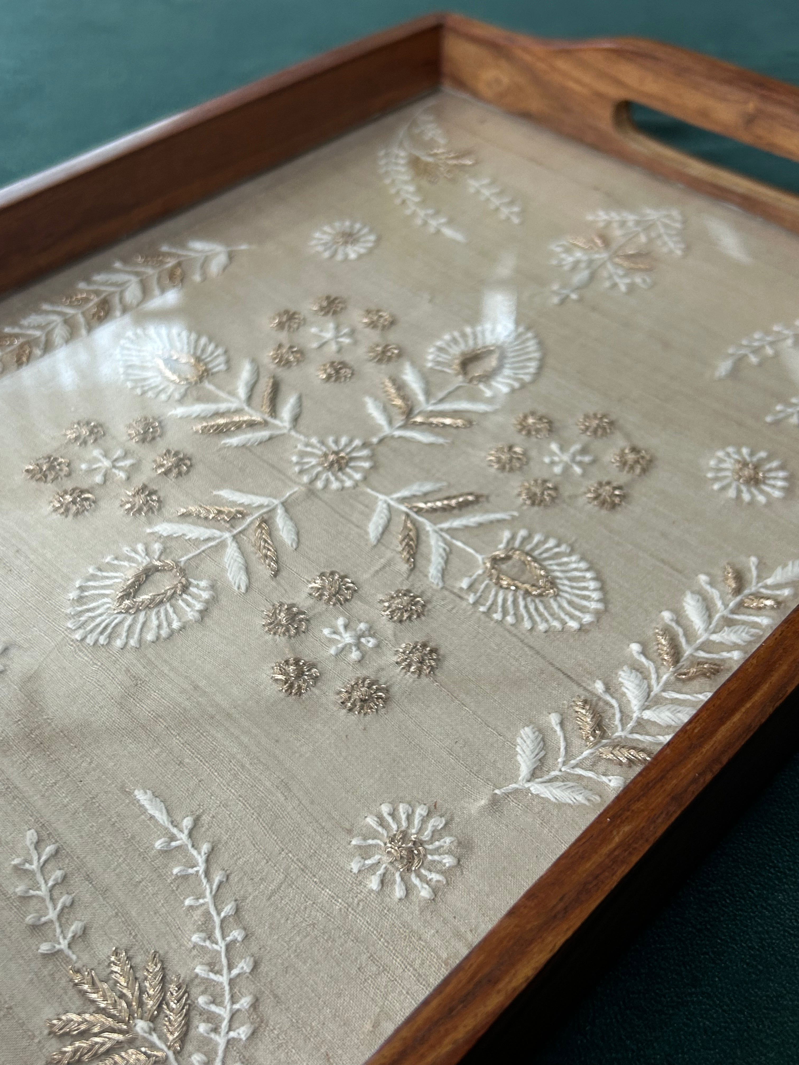 Beige chikankari embroidered tray