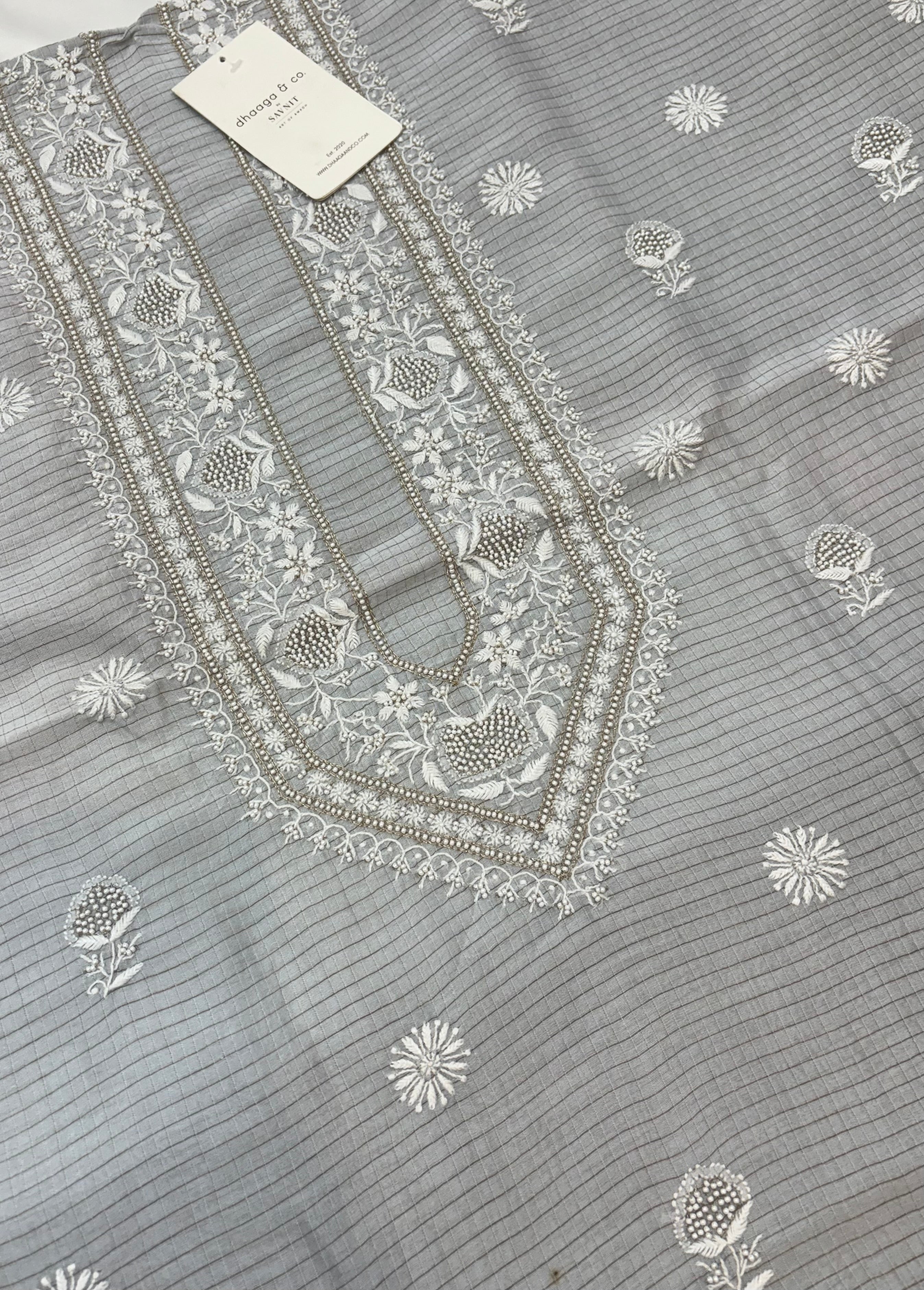 GREY CHANDERI ZARI CHECKS MENS KURTA