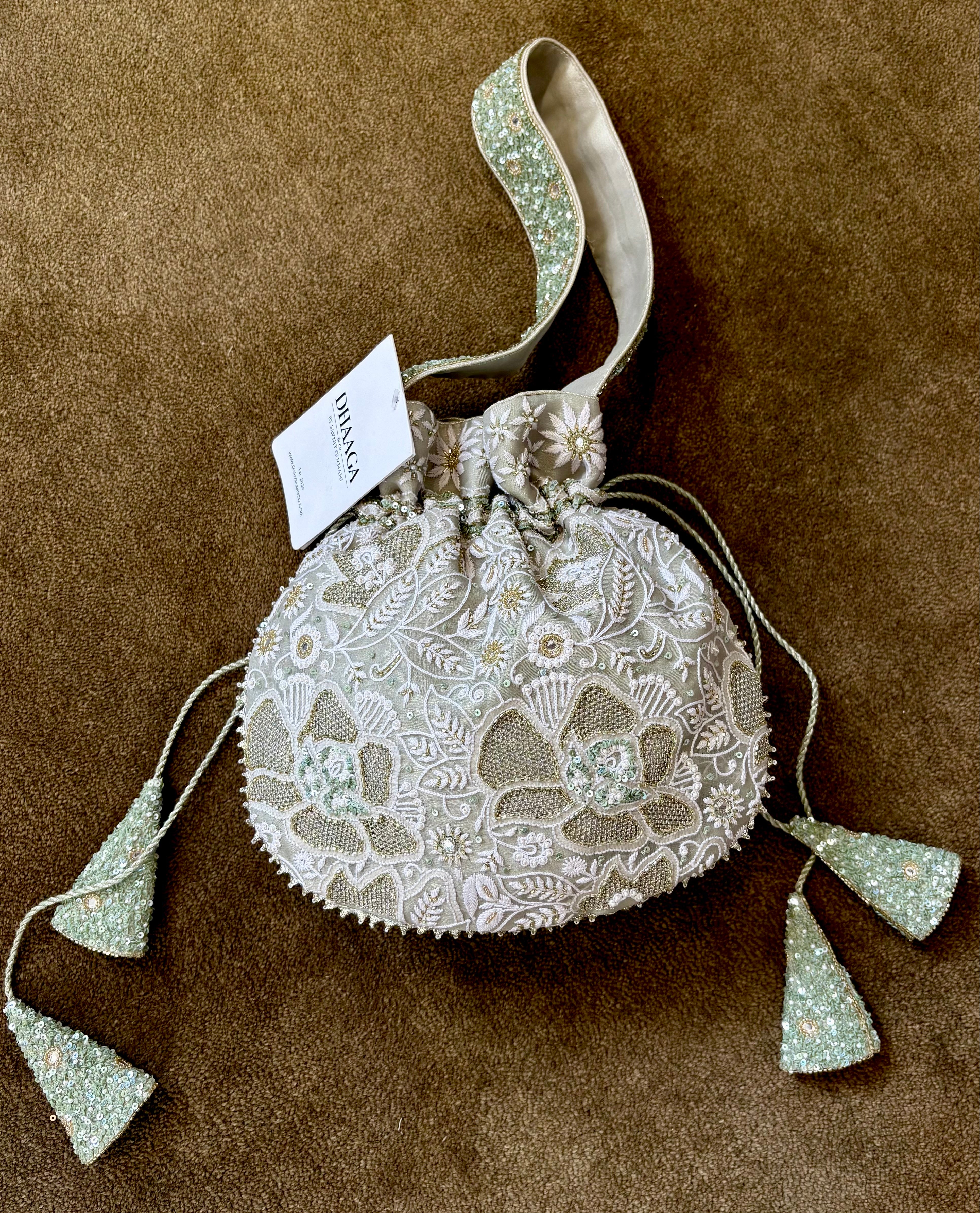 Green Chikankari Sequins Embellished Potli