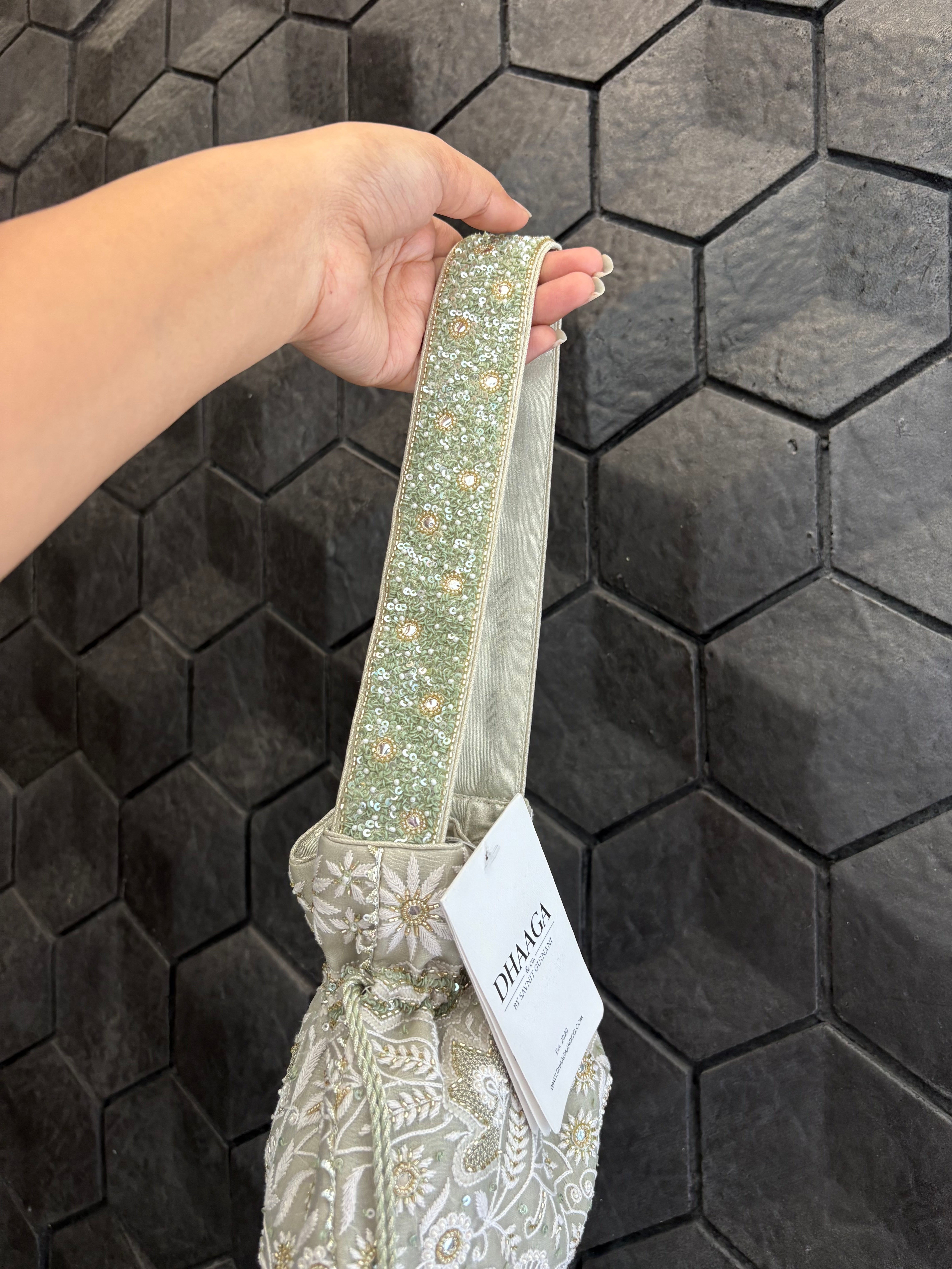 Green Chikankari Sequins Embellished Potli