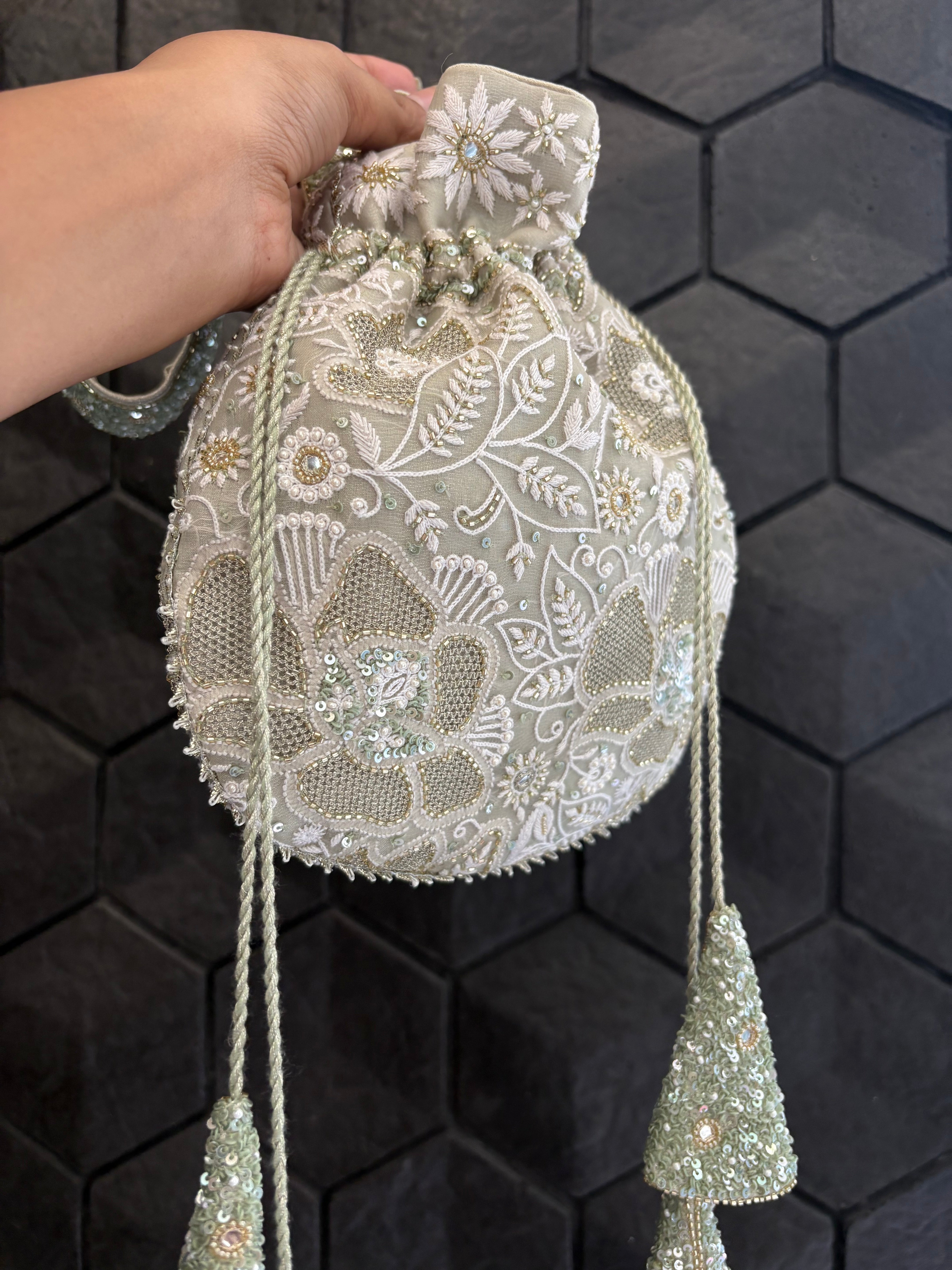 Green Chikankari Sequins Embellished Potli