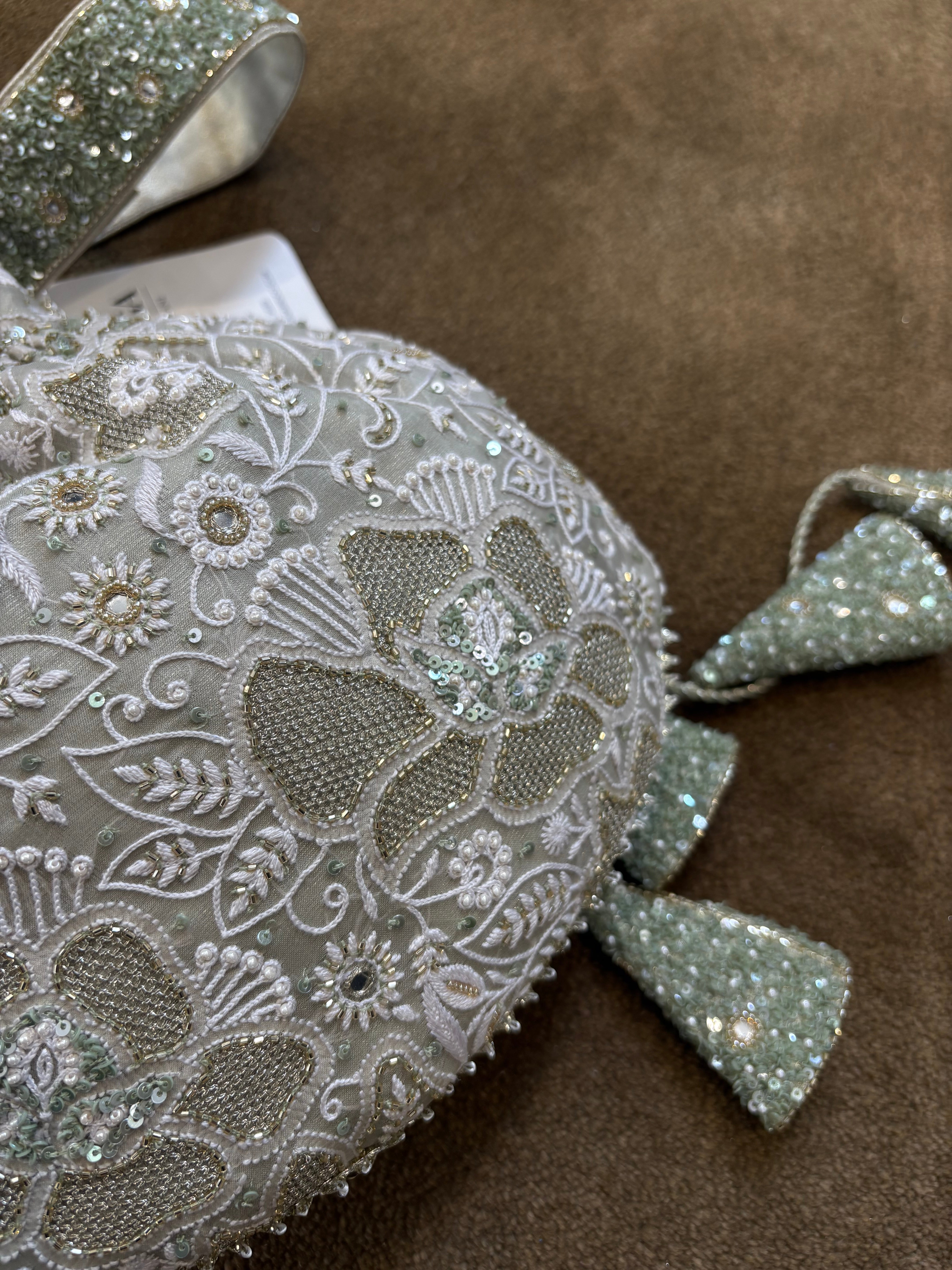 Green Chikankari Sequins Embellished Potli