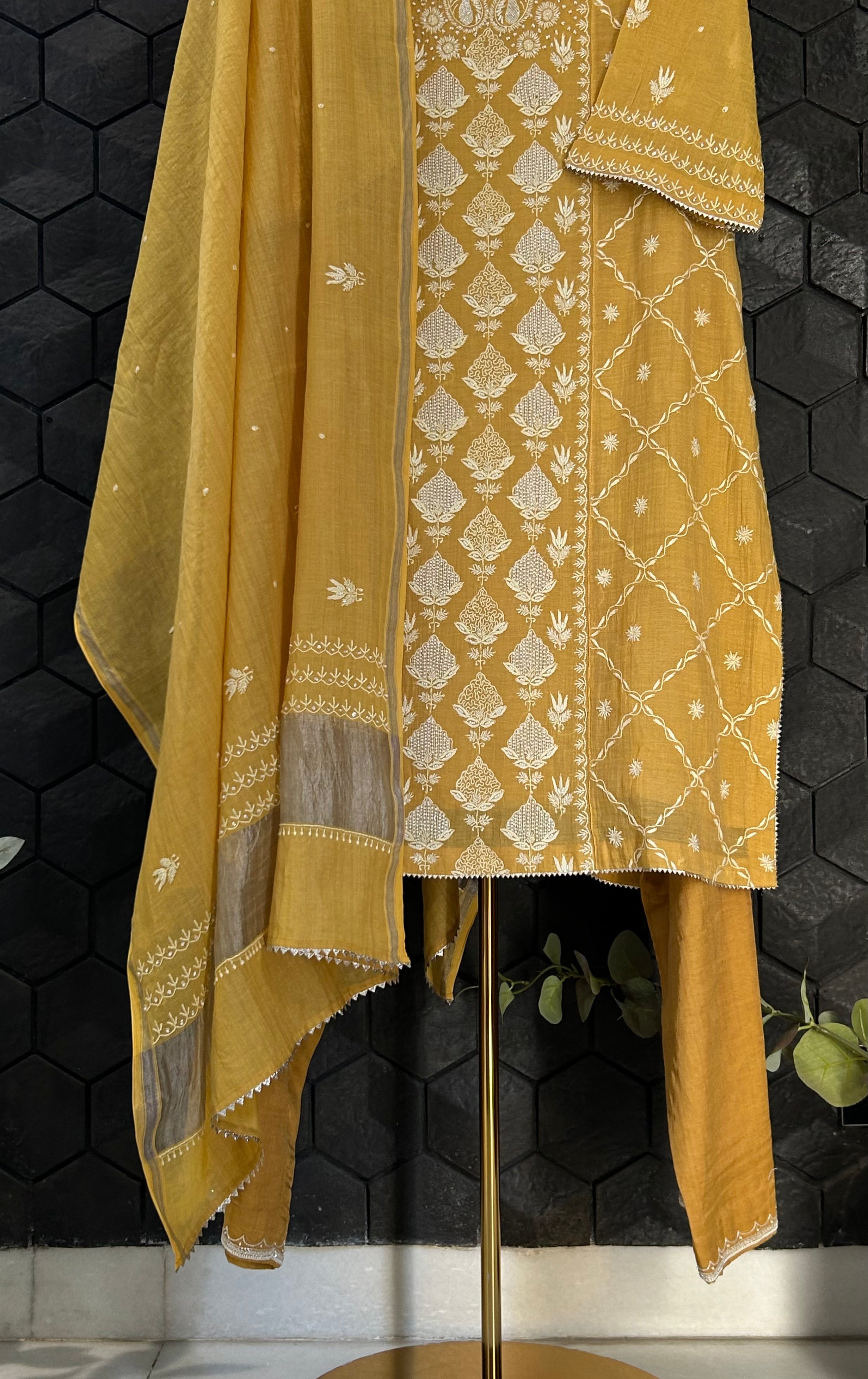 Mustard Silver Tissue Chikankari Suit Set