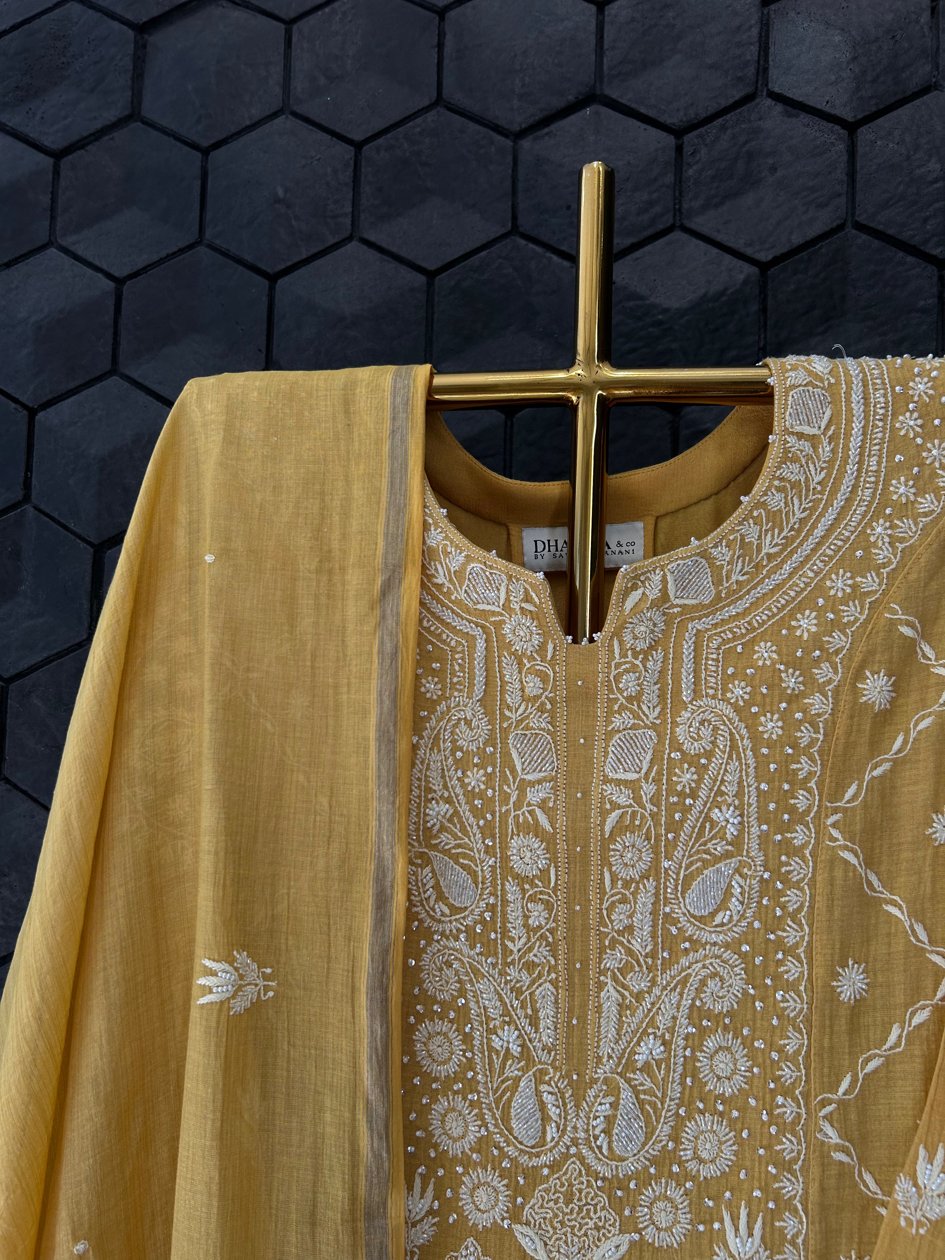 Mustard Silver Tissue Chikankari Suit Set