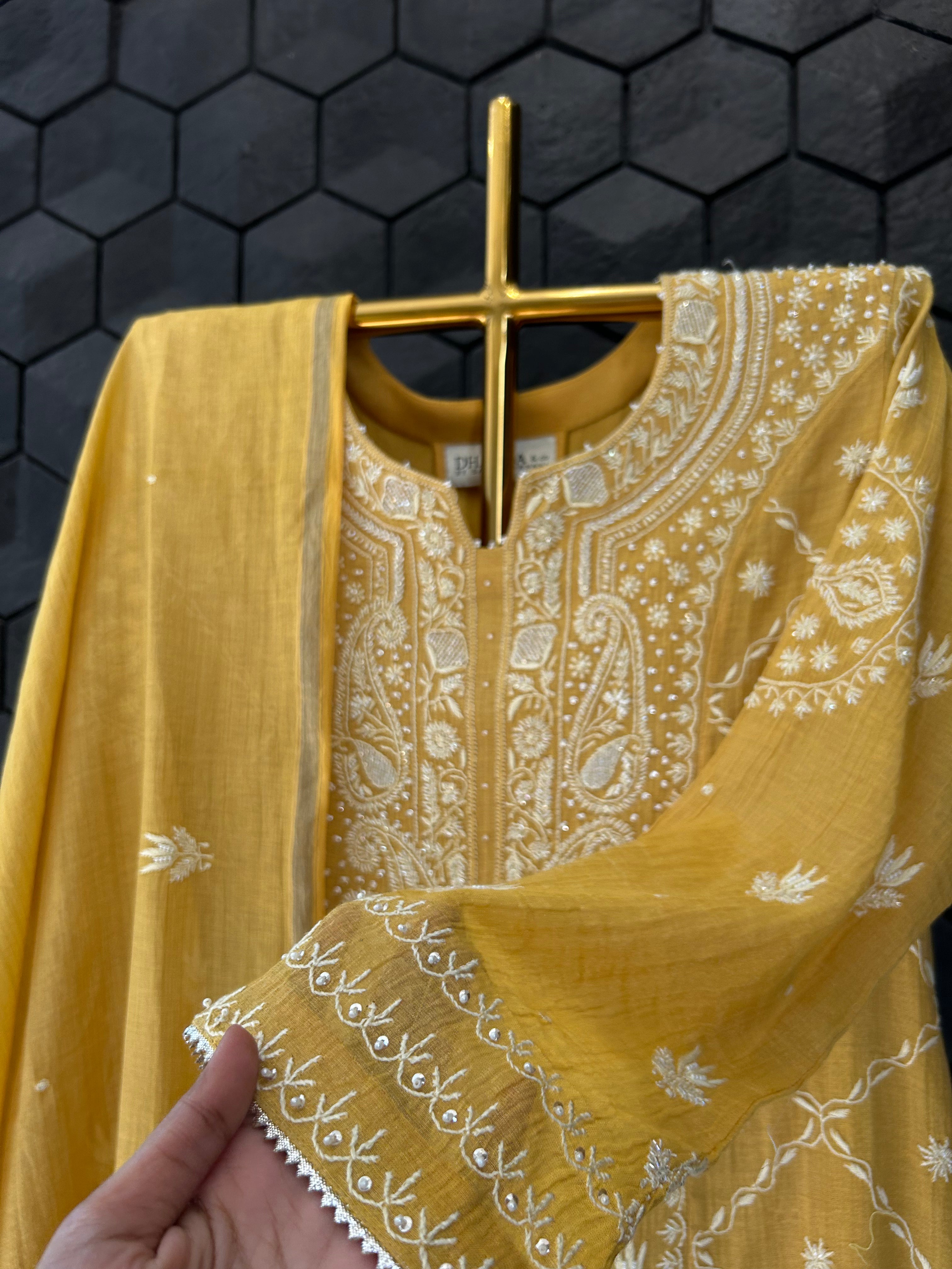 Mustard Silver Tissue Chikankari Suit Set