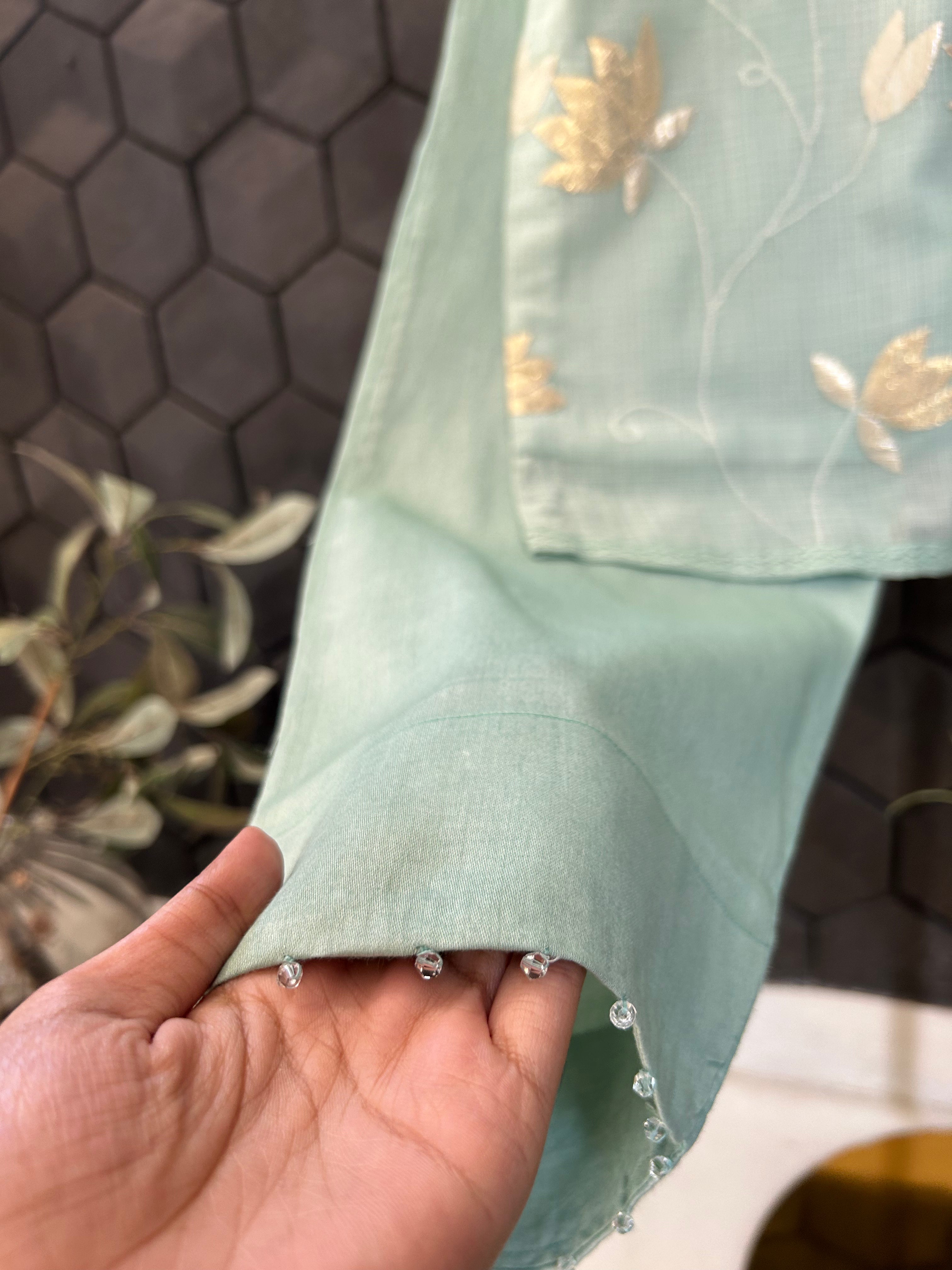 Pista green kota chikankari kurta set