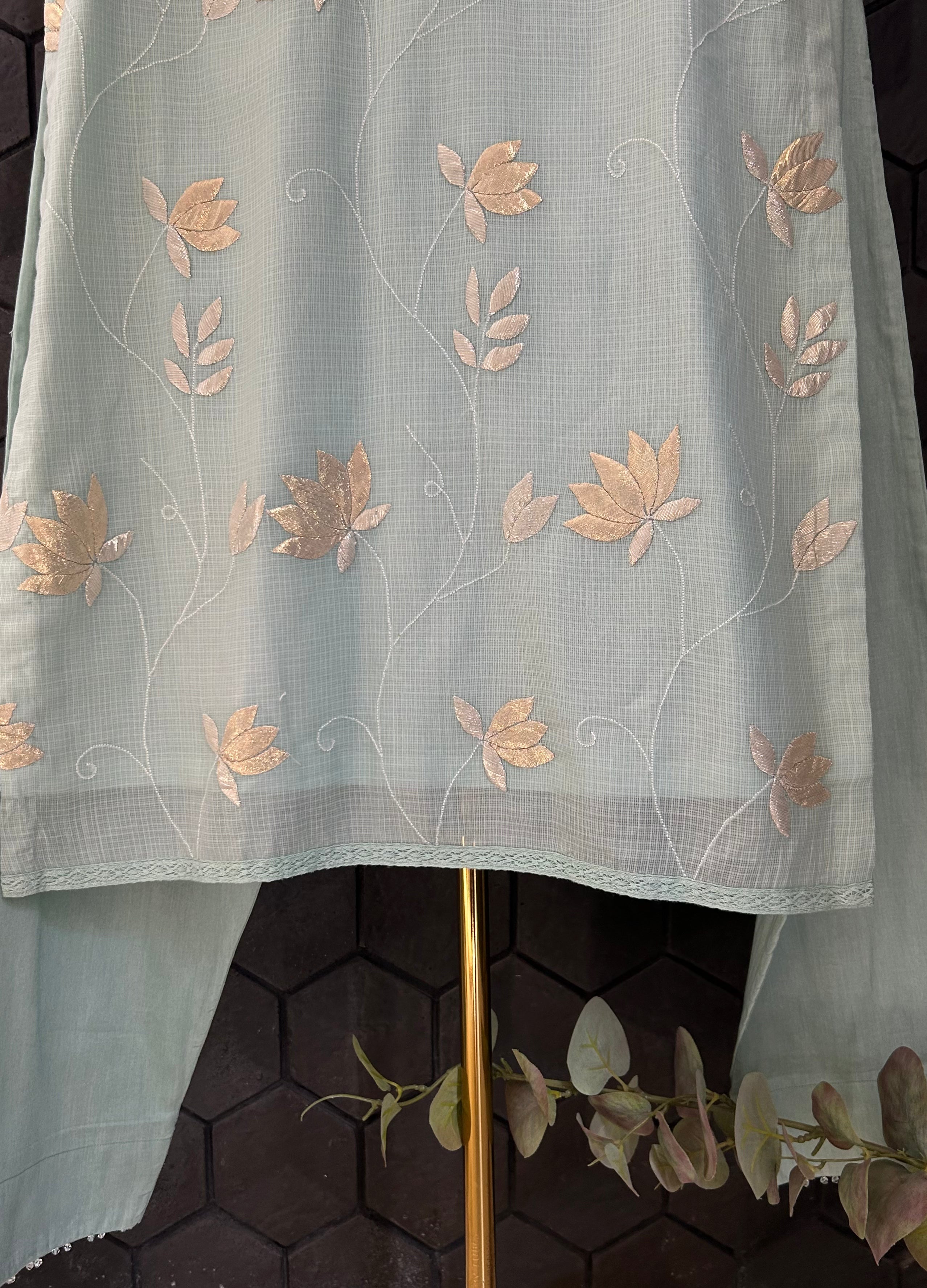 Pista green kota chikankari kurta set