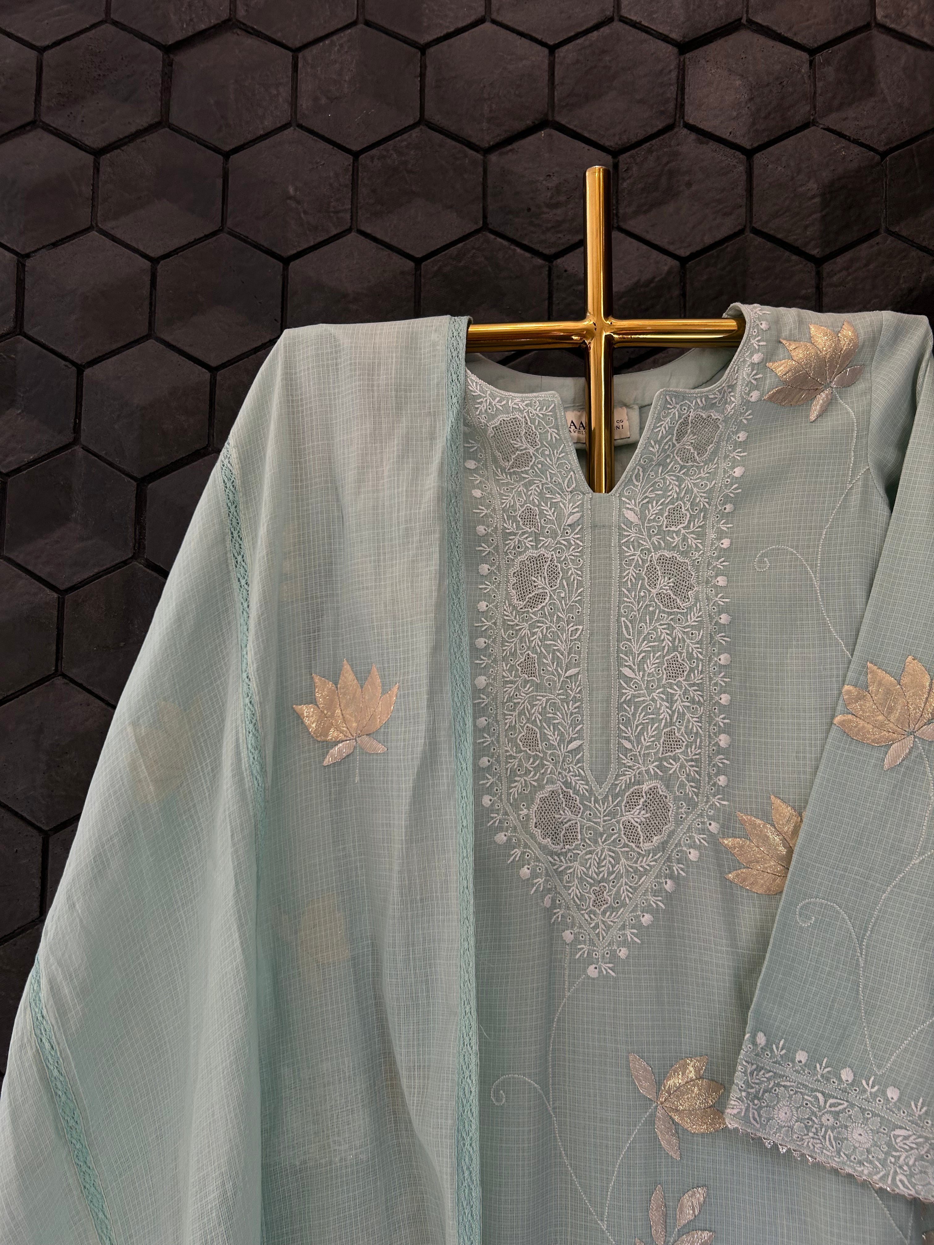 Pista green kota chikankari kurta set
