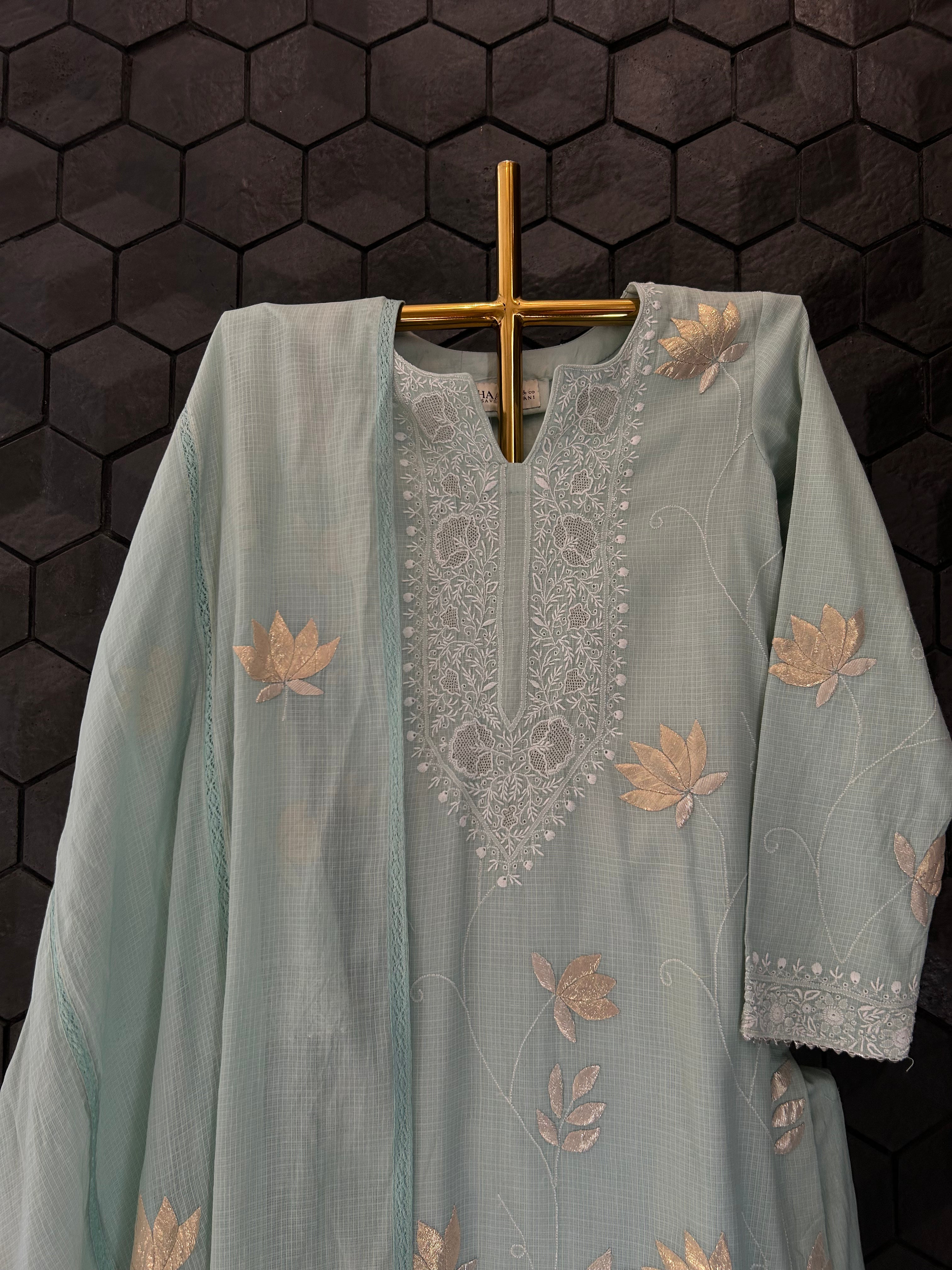 Pista green kota chikankari kurta set