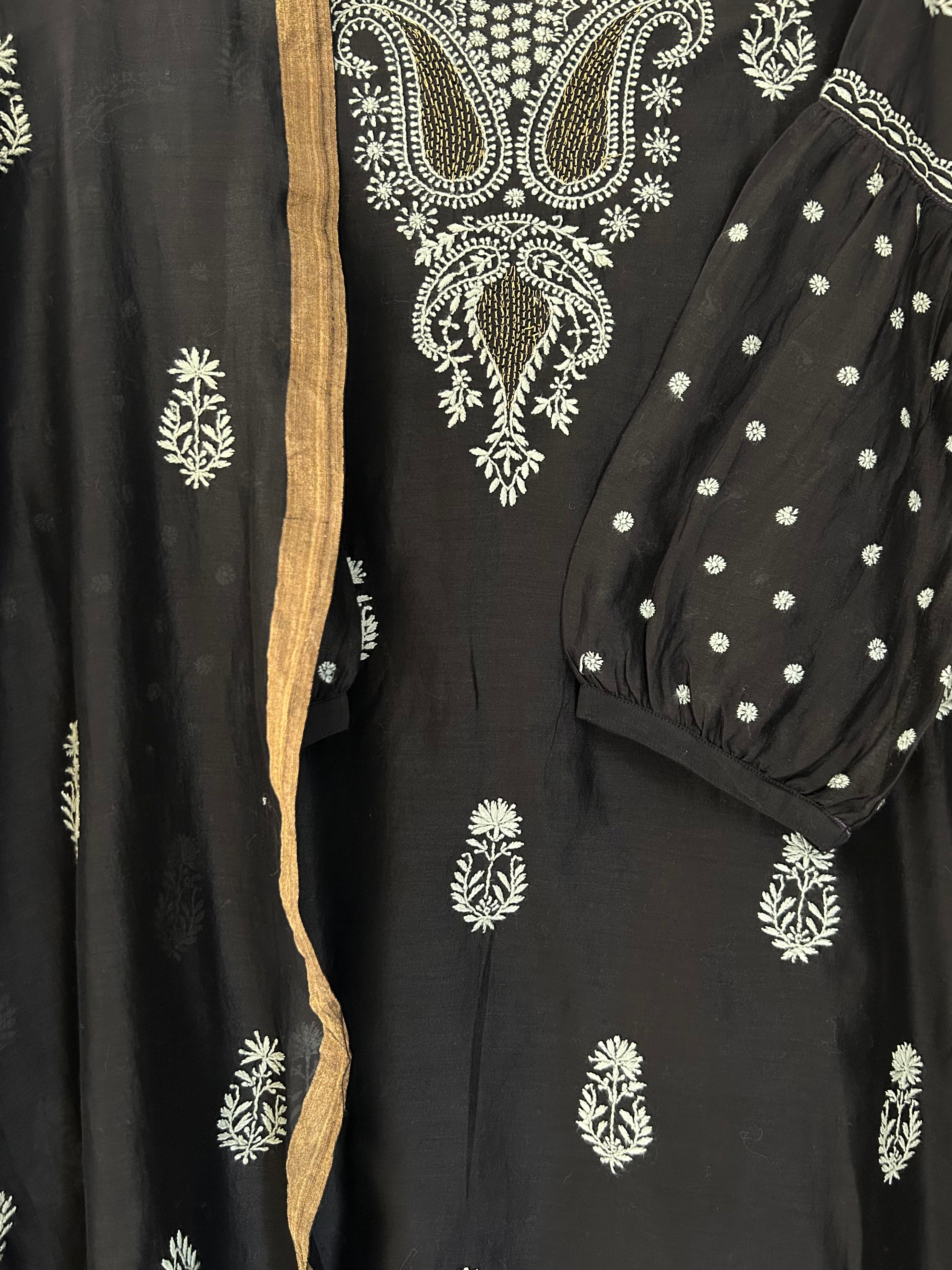 Black Chanderi chikankari kurta set