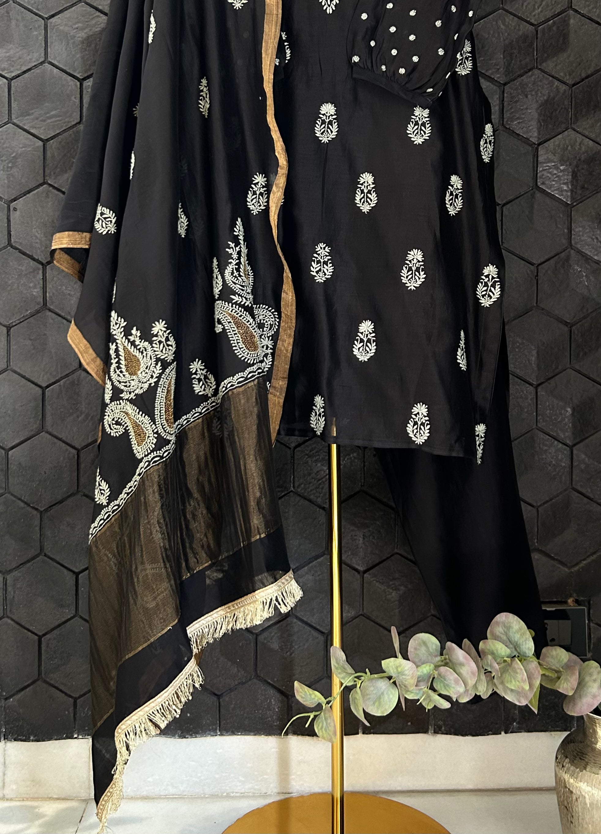 Black Chanderi chikankari kurta set