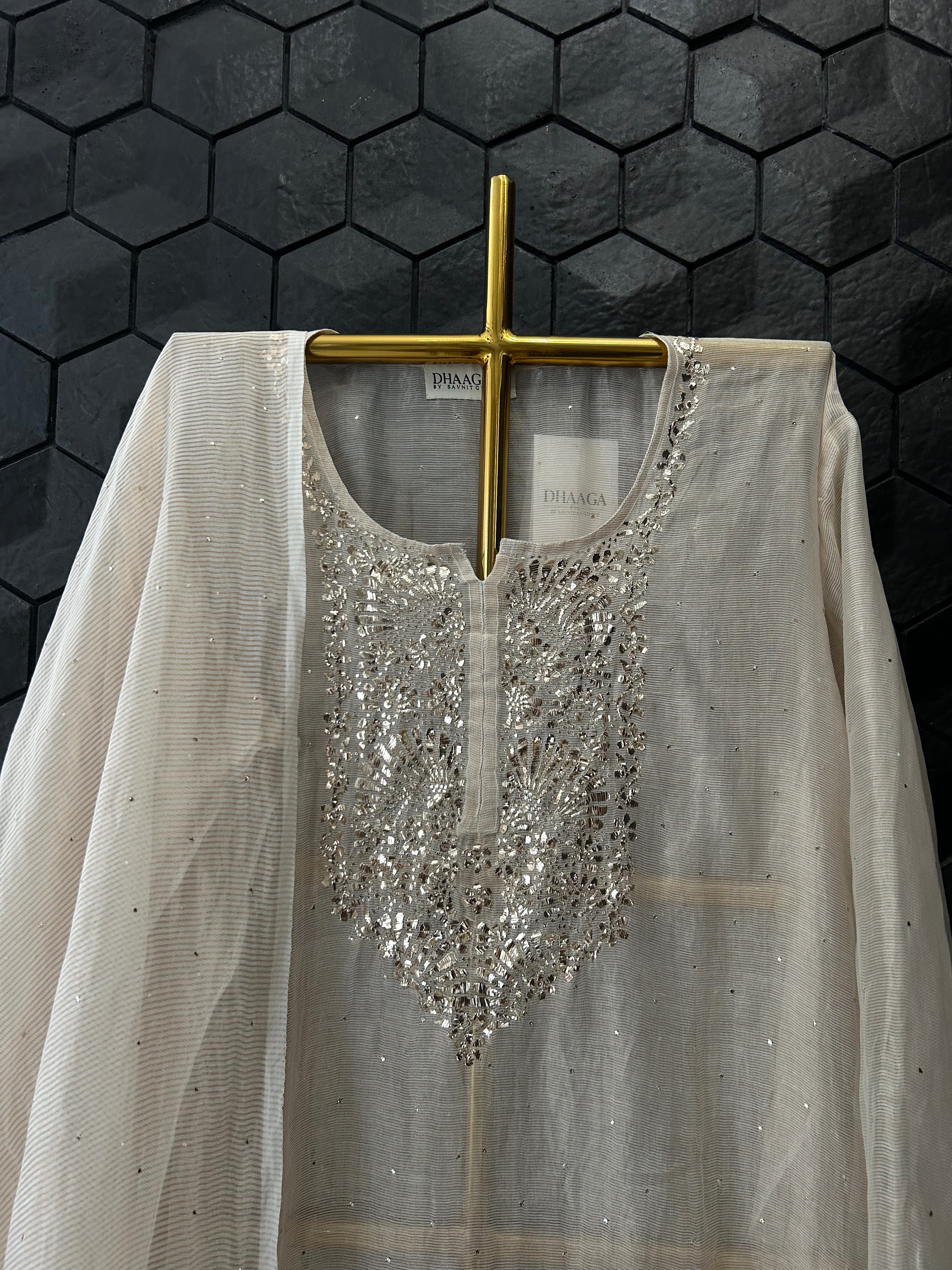 Natural Tissue Chikankari Mukaish Kurta Set