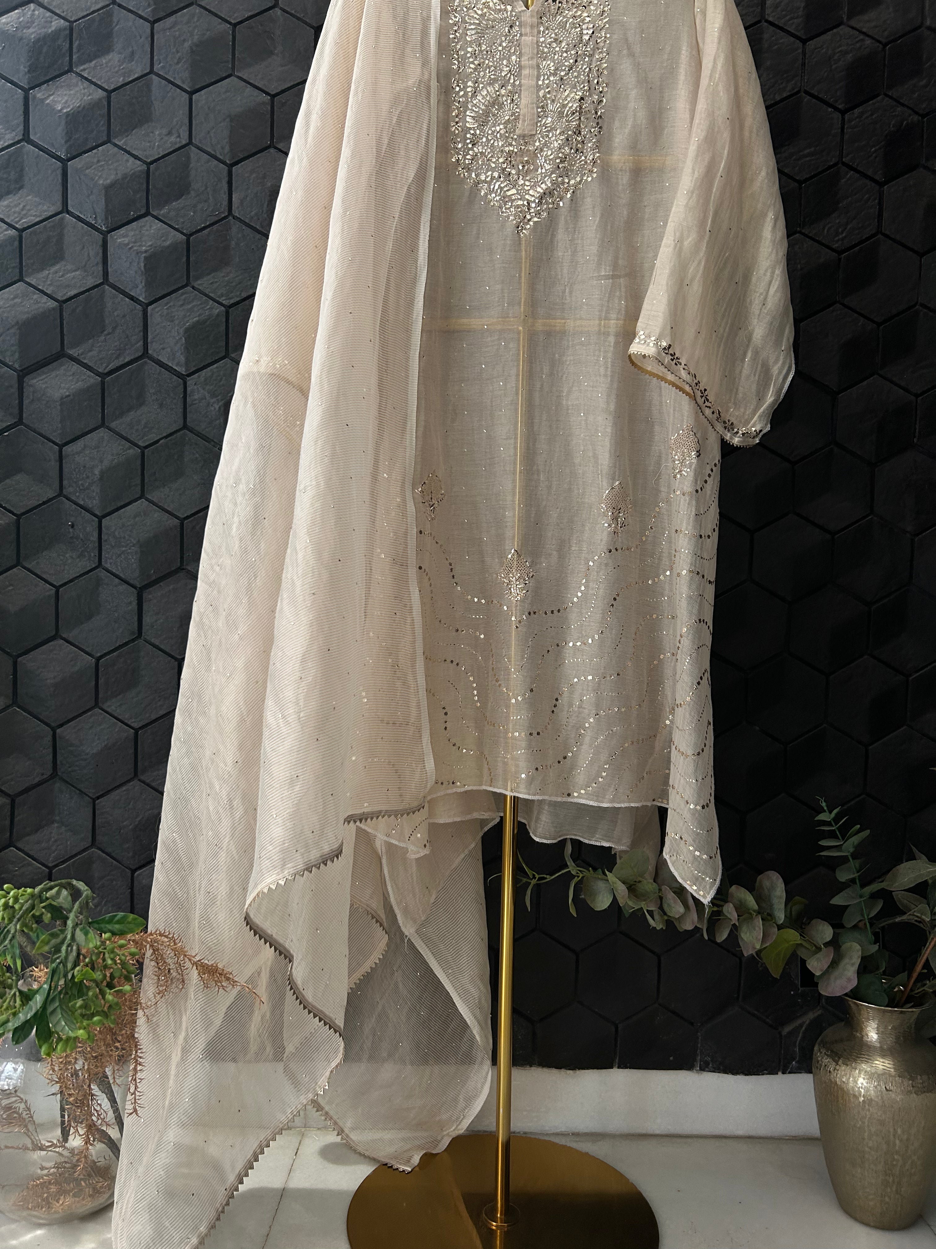 Natural Tissue Chikankari Mukaish Kurta Set