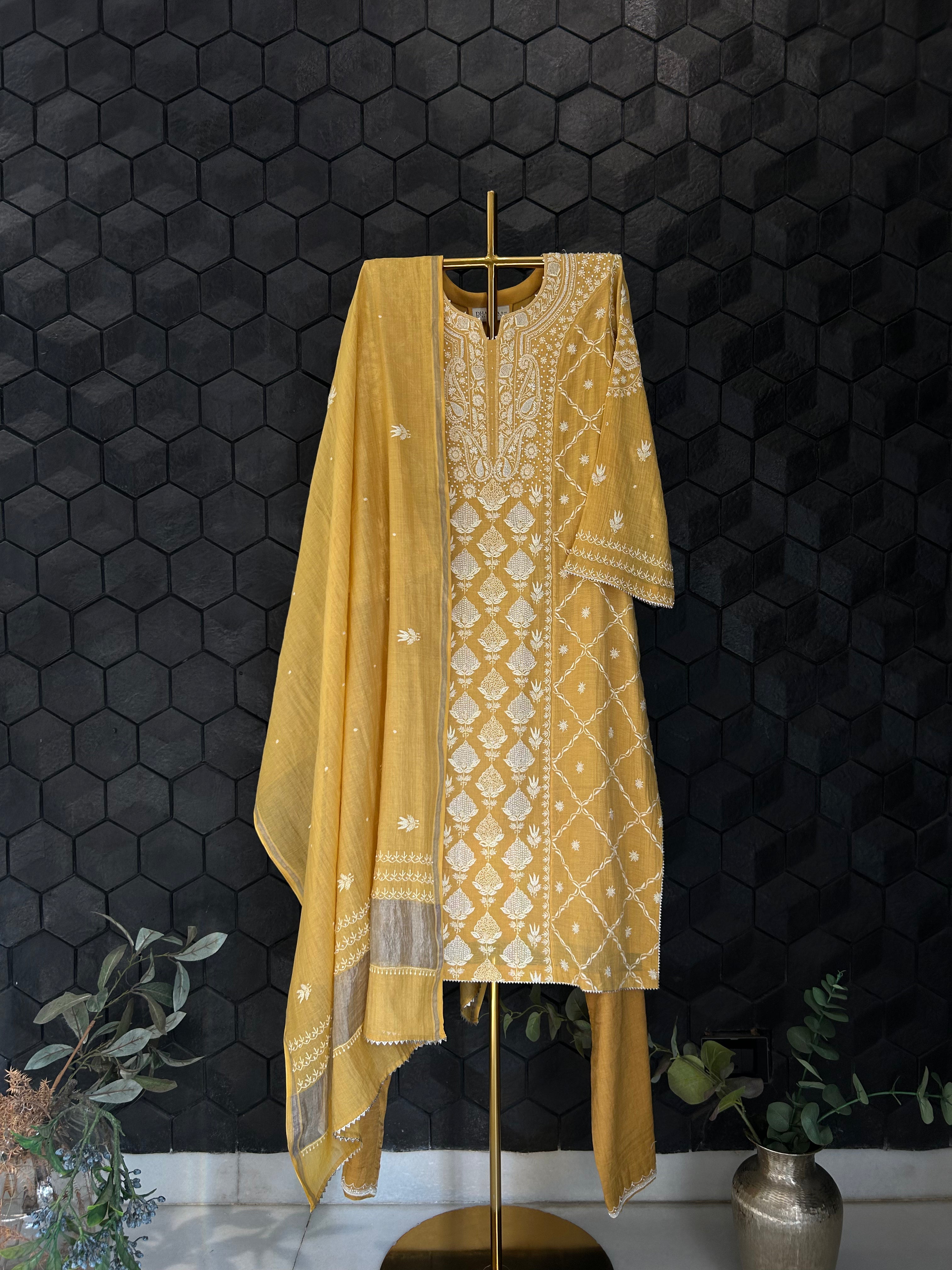 Mustard Silver Tissue Chikankari Suit Set