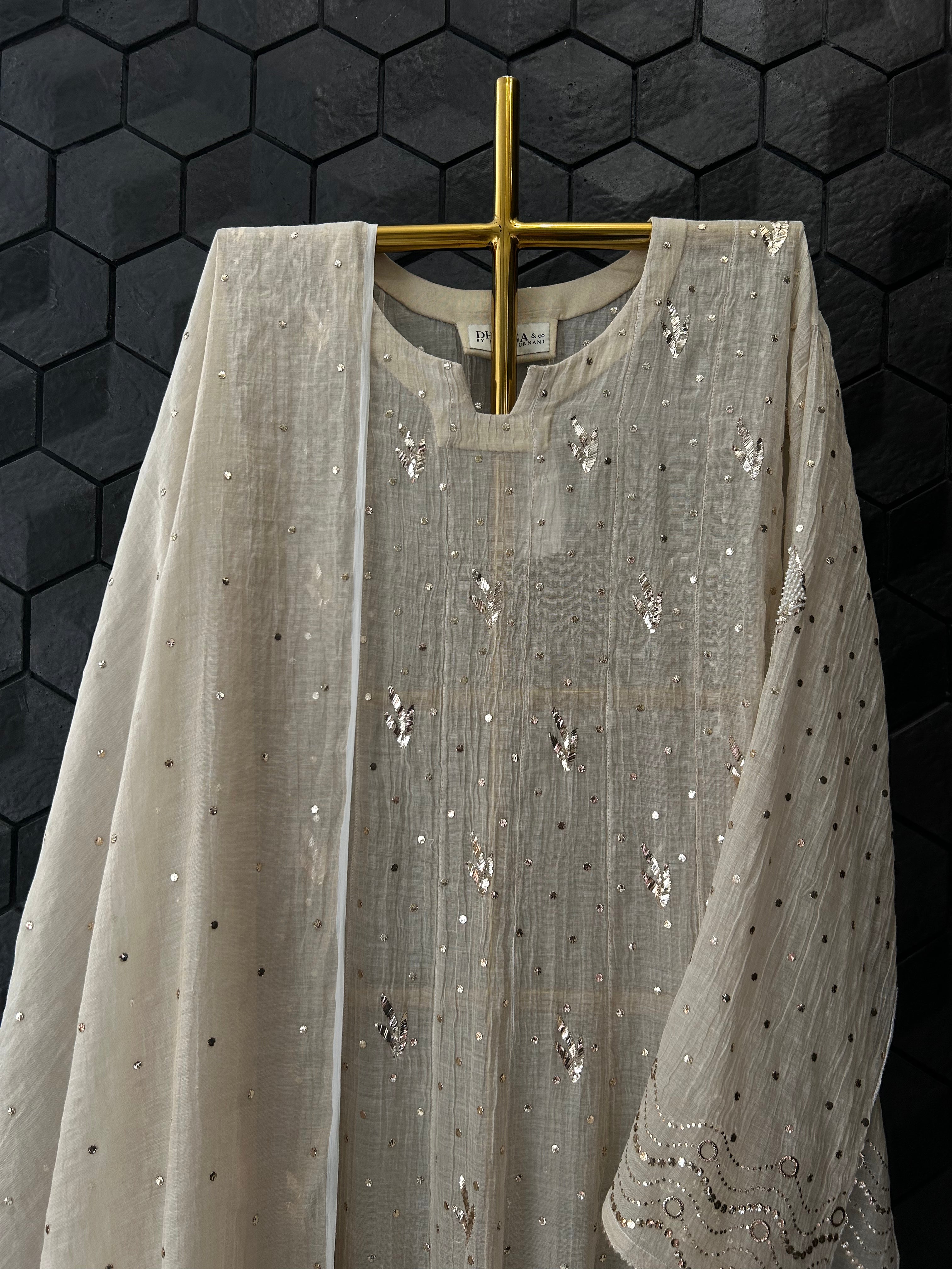 Natural Tussar Silk Chikankari Mukaish Anarkali Set