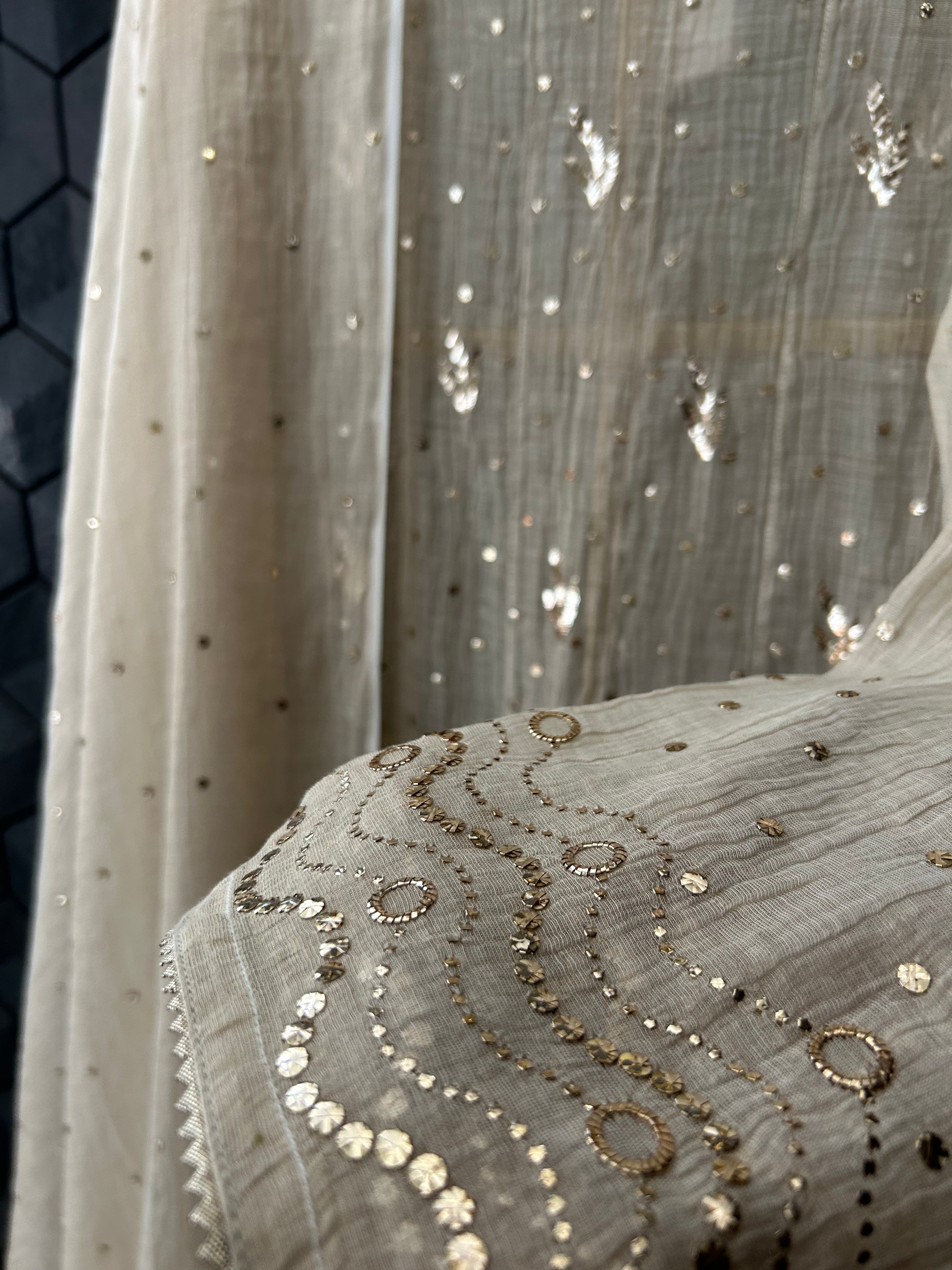 Natural Tussar Silk Chikankari Mukaish Anarkali Set