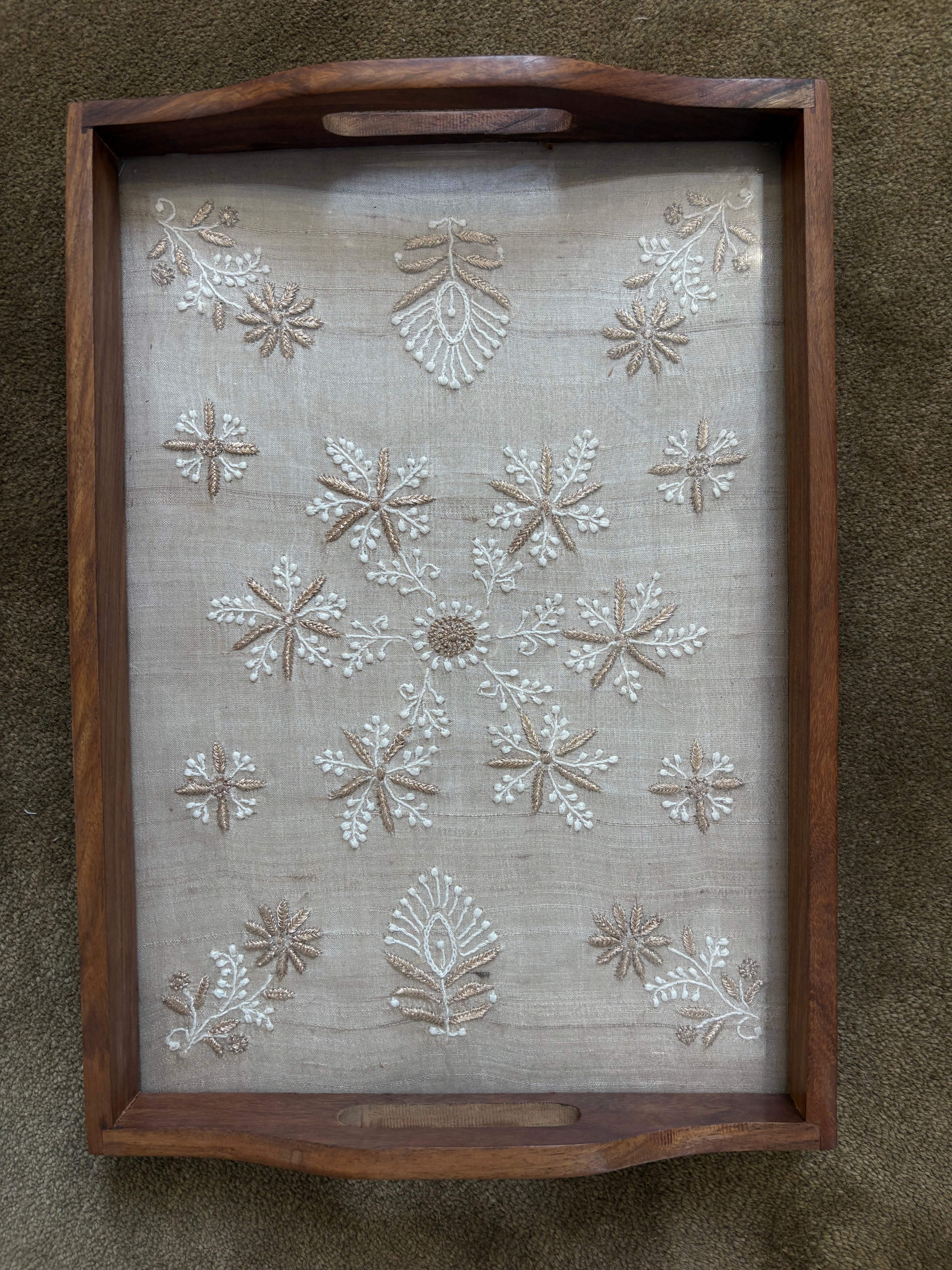 Beige Chikankari Embroidered Tray