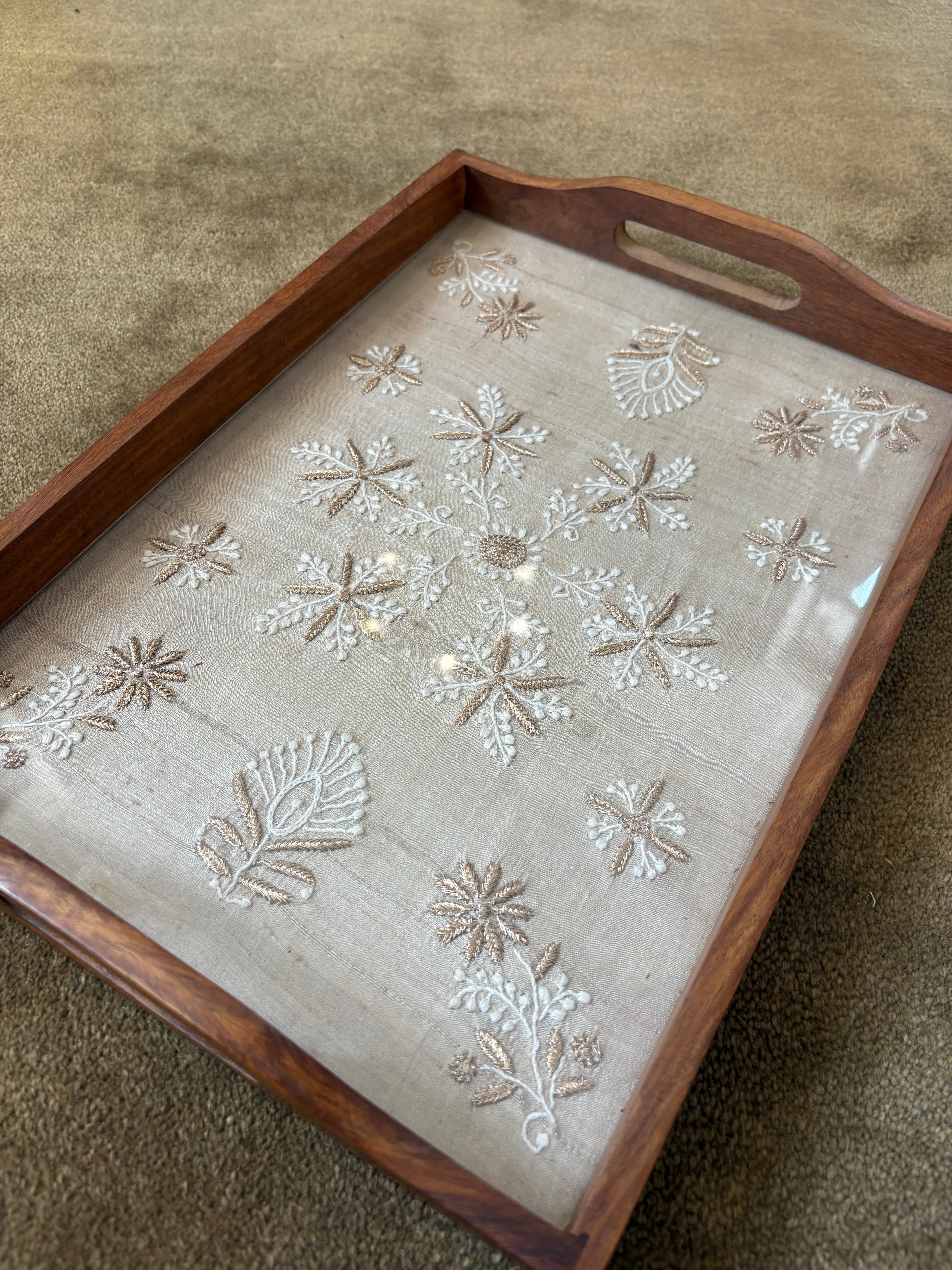 Beige Chikankari Embroidered Tray