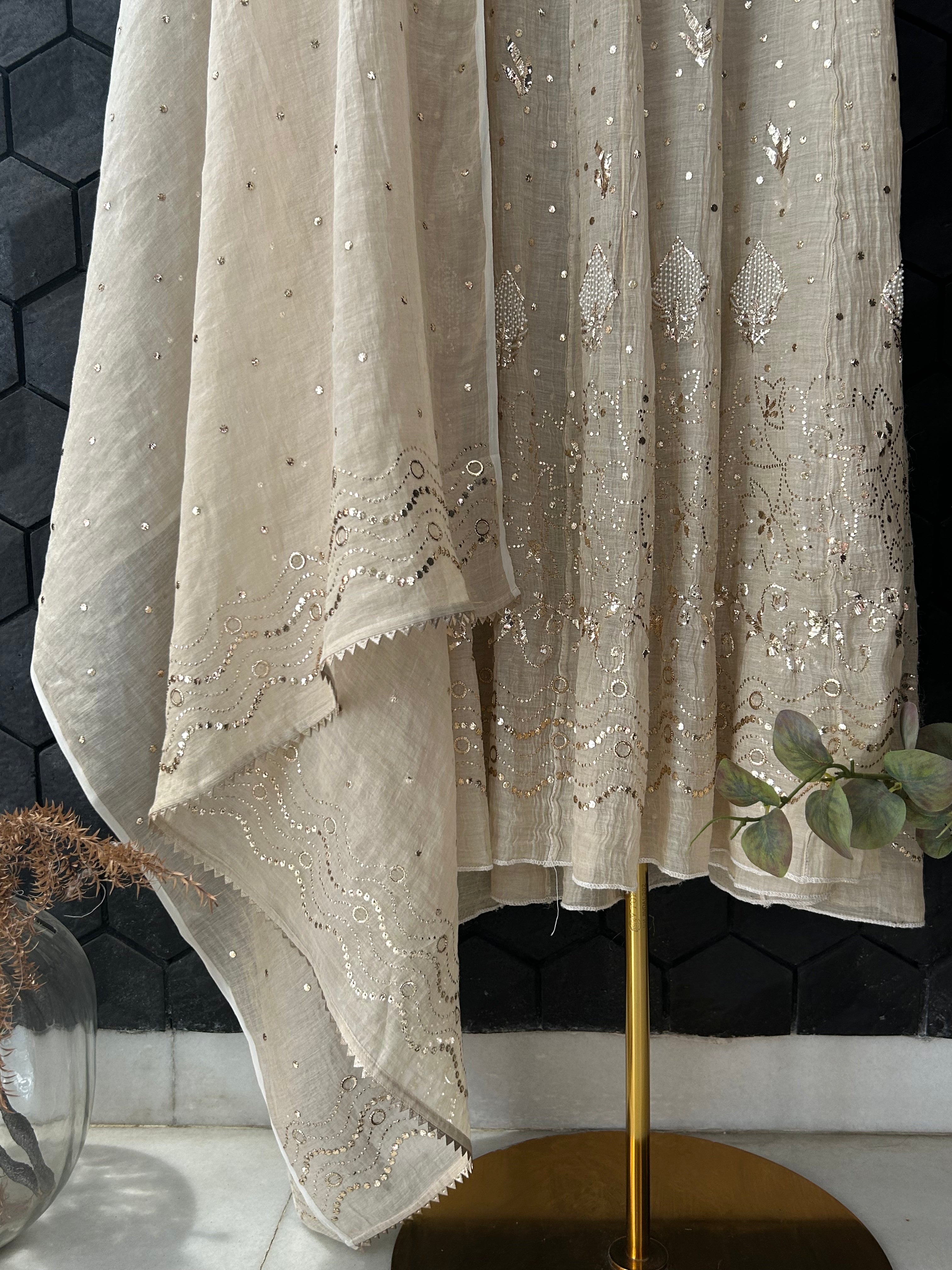 Natural Tussar Silk Chikankari Mukaish Anarkali Set