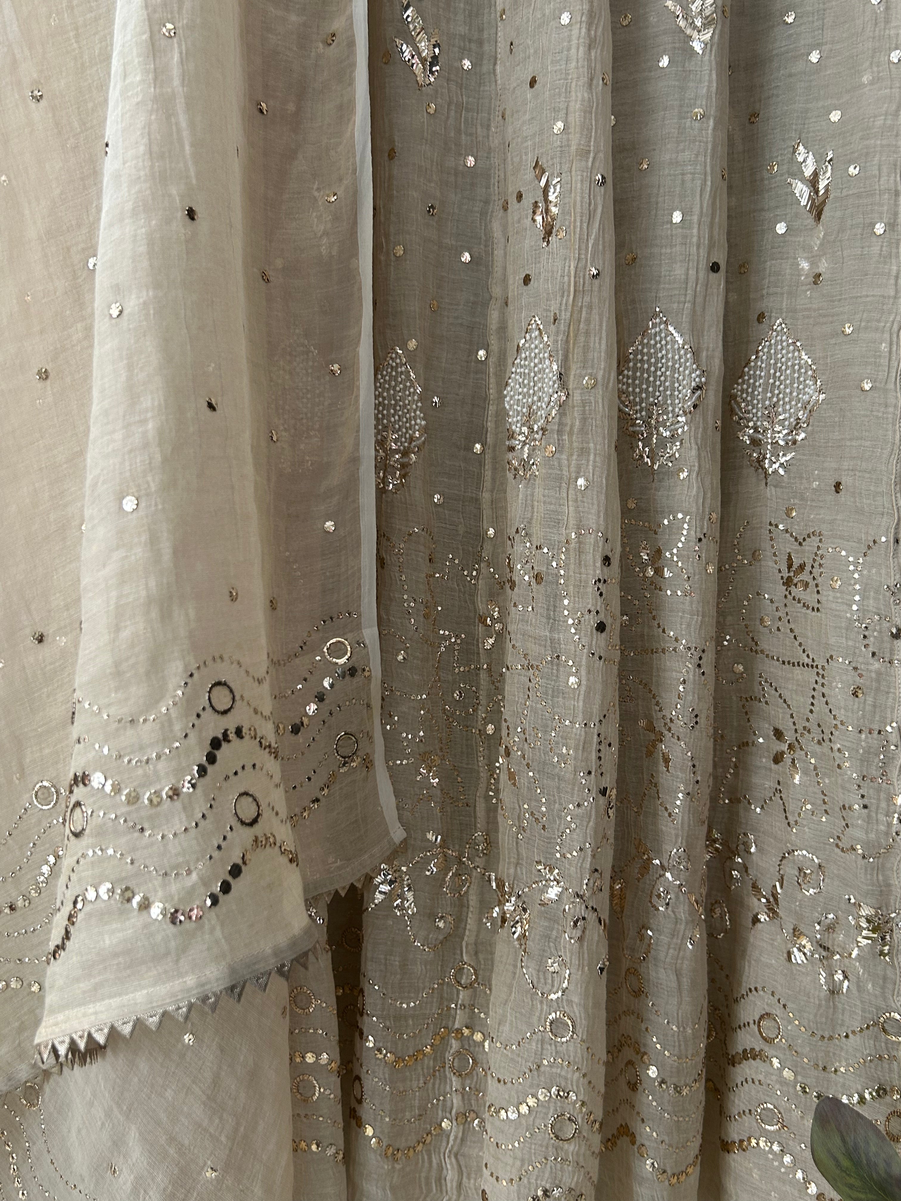 Natural Tussar Silk Chikankari Mukaish Anarkali Set