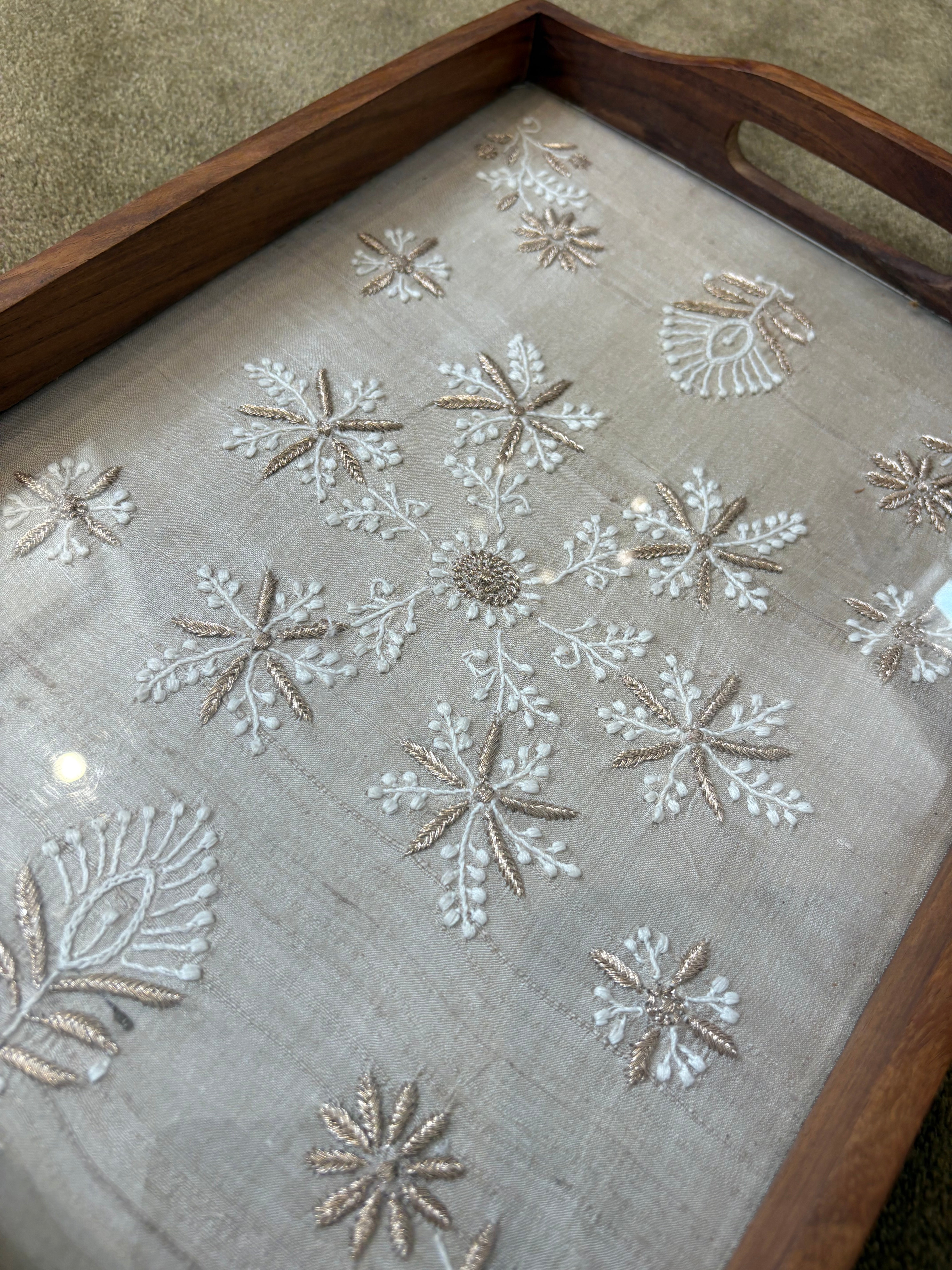 Beige Chikankari Embroidered Tray