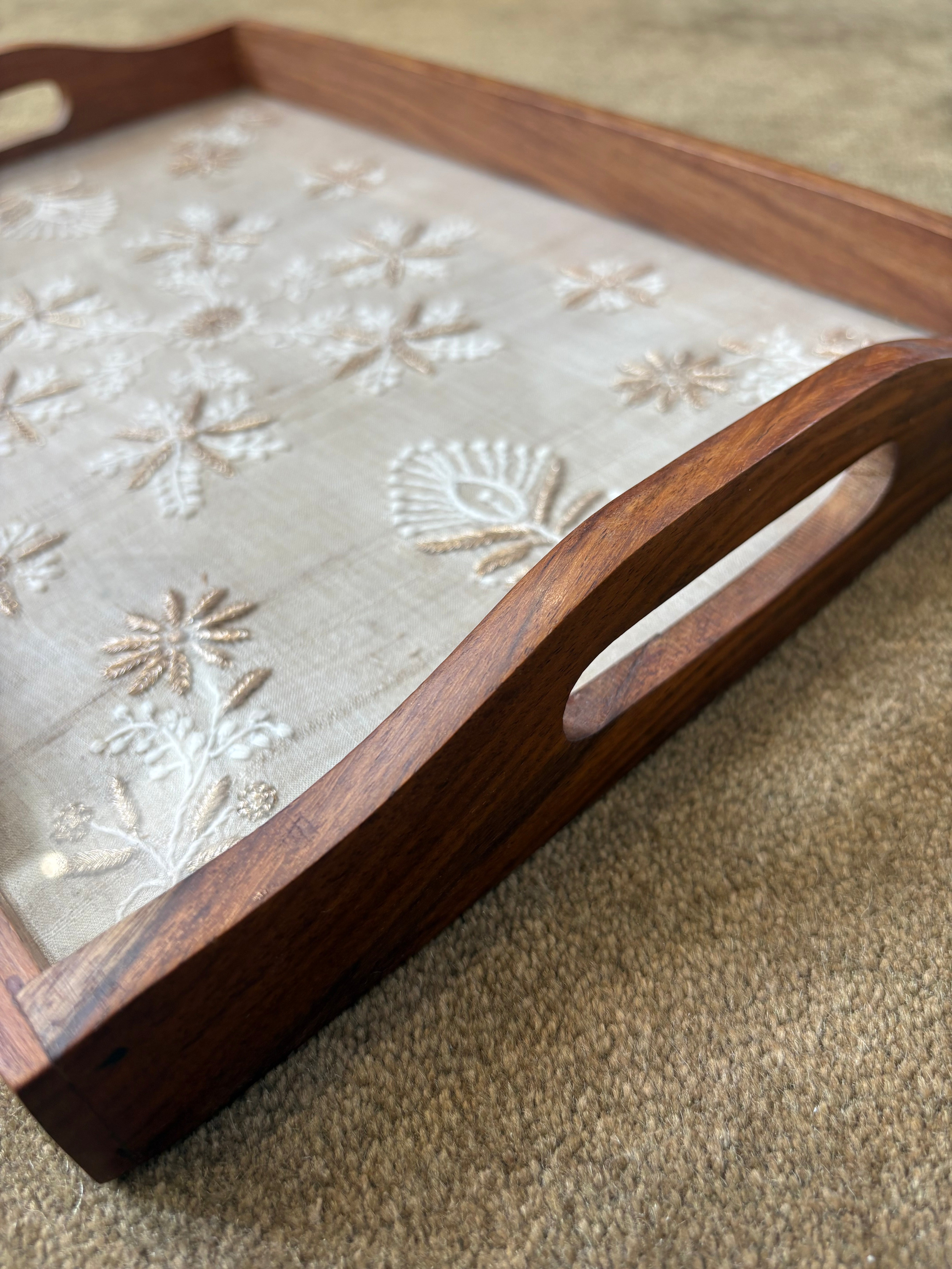 Beige Chikankari Embroidered Tray