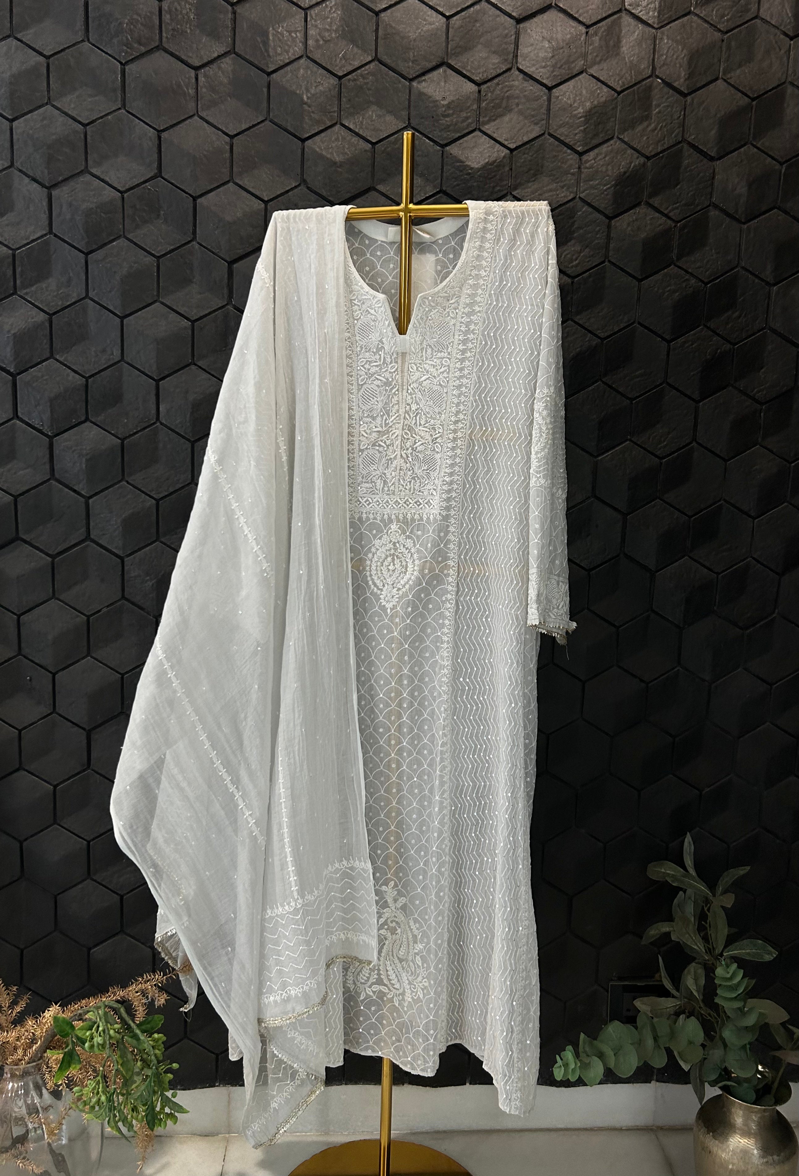 Light Grey Mul Chanderi Chikankari Anarkali Set
