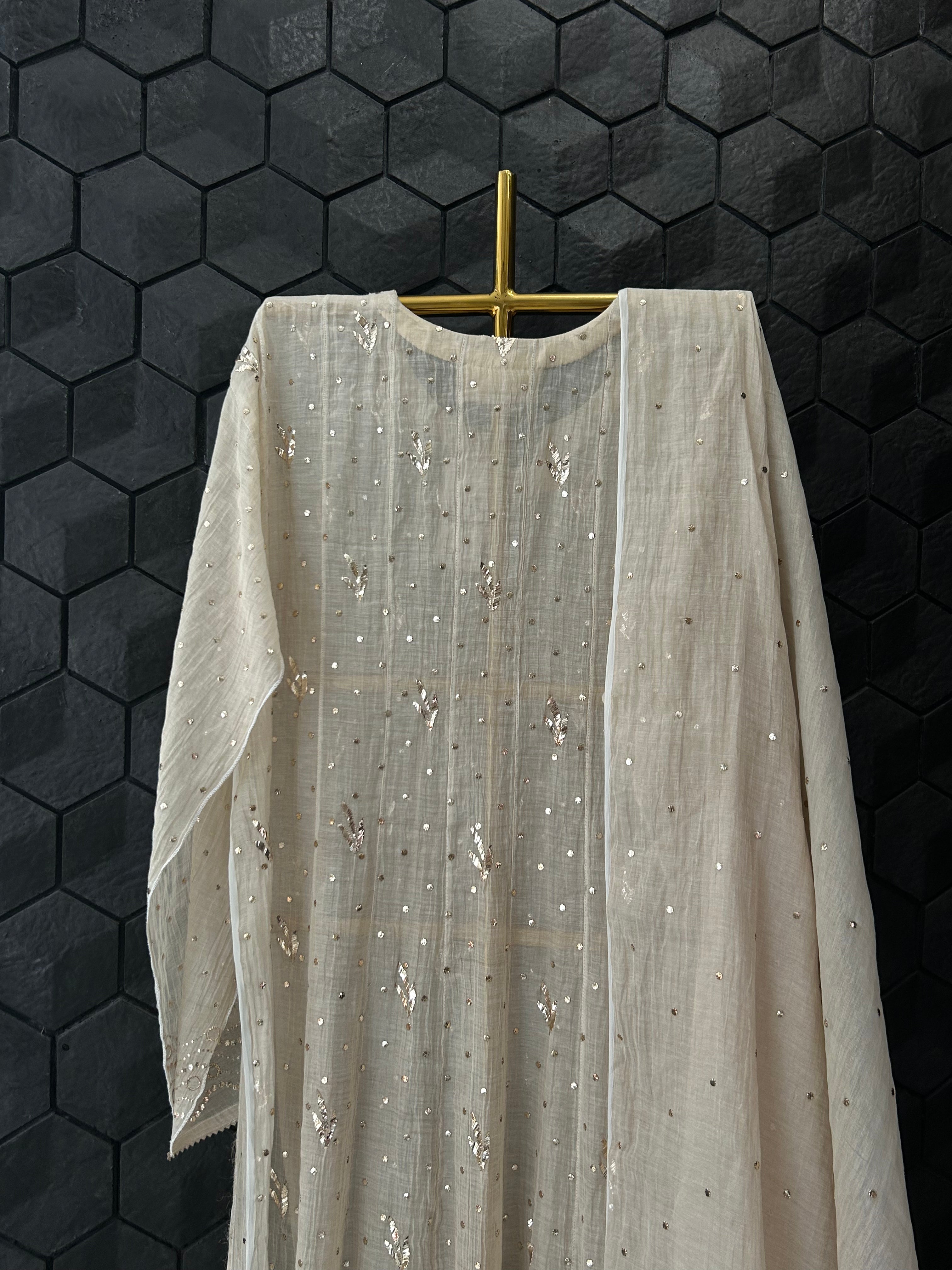 Natural Tussar Silk Chikankari Mukaish Anarkali Set