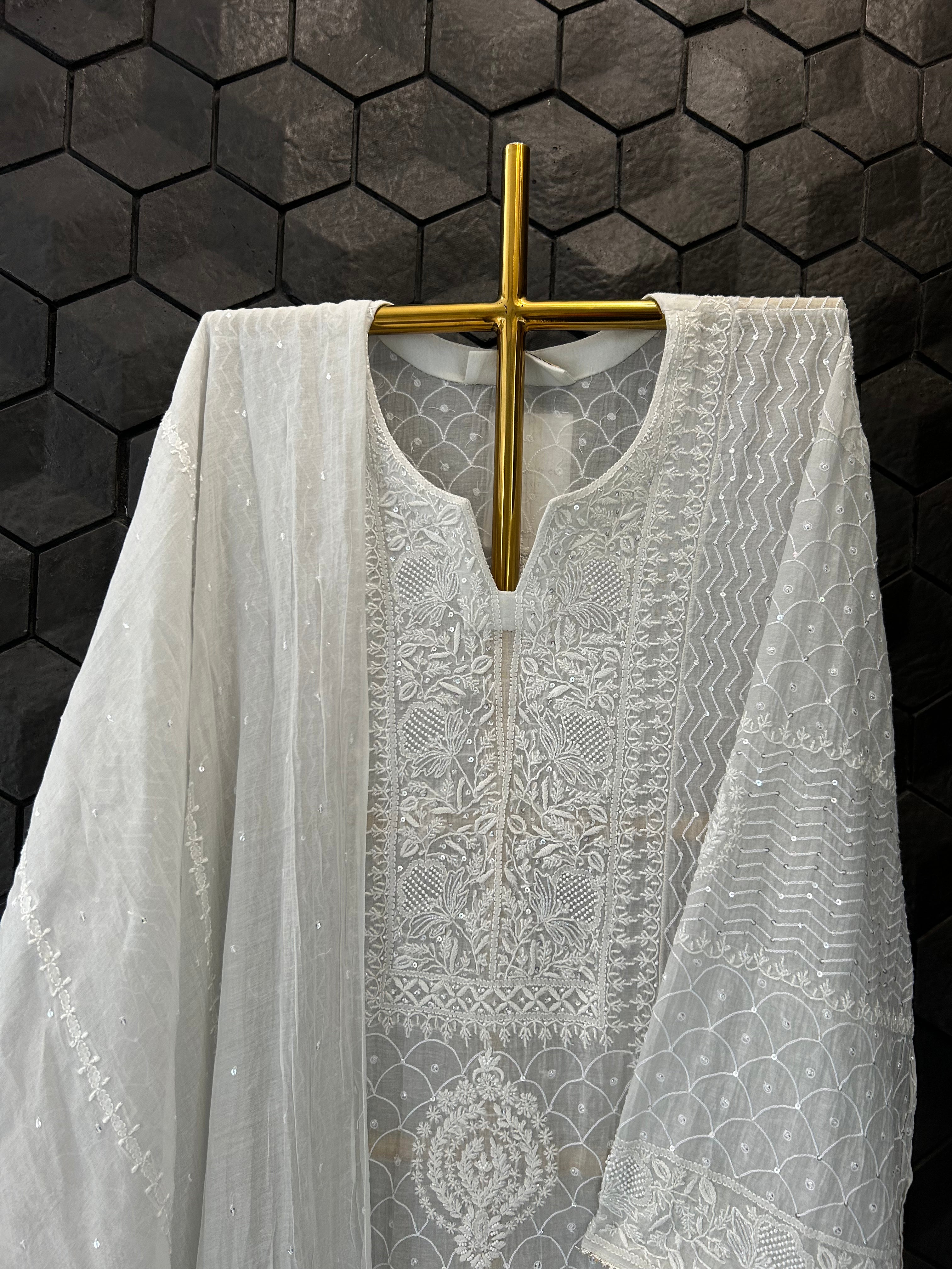 Light Grey Mul Chanderi Chikankari Anarkali Set