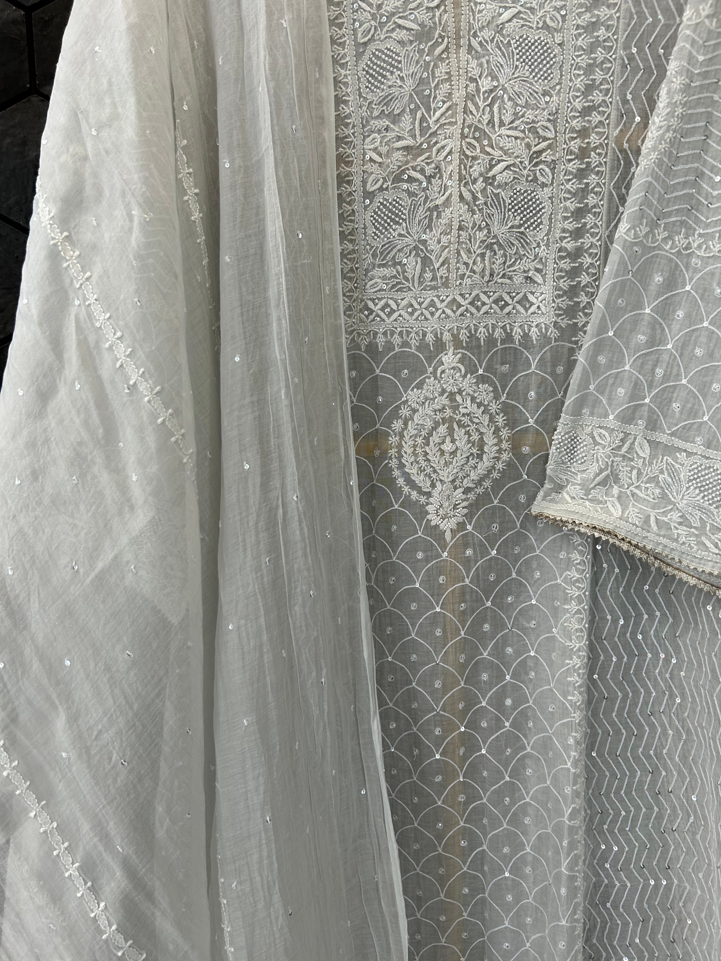 Light Grey Mul Chanderi Chikankari Anarkali Set