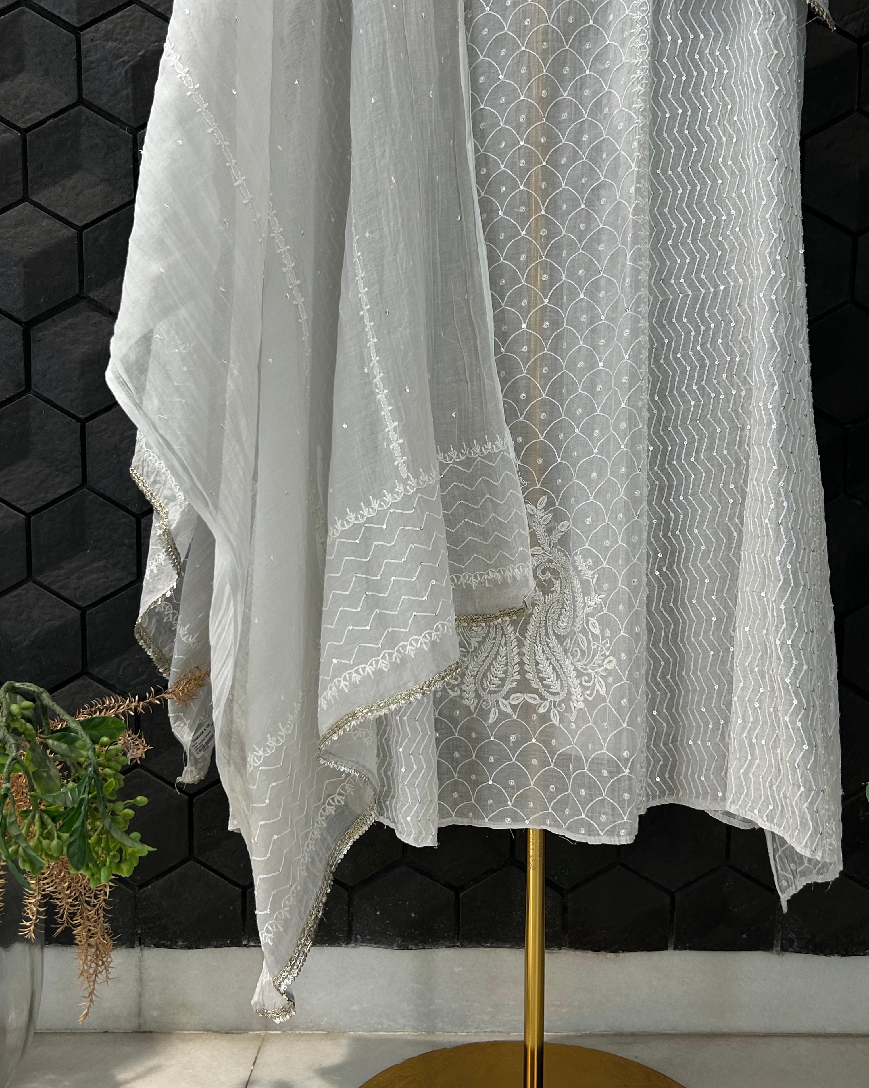 Light Grey Mul Chanderi Chikankari Anarkali Set